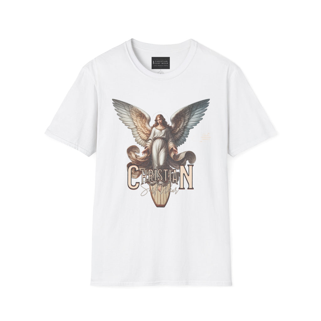 Christian Surf Wear Angel Graphic Unisex Softstyle T-Shirt | Casual Wear, Gift for Her/Him, Birthday, Spiritual Vibe, Everyday Fashion