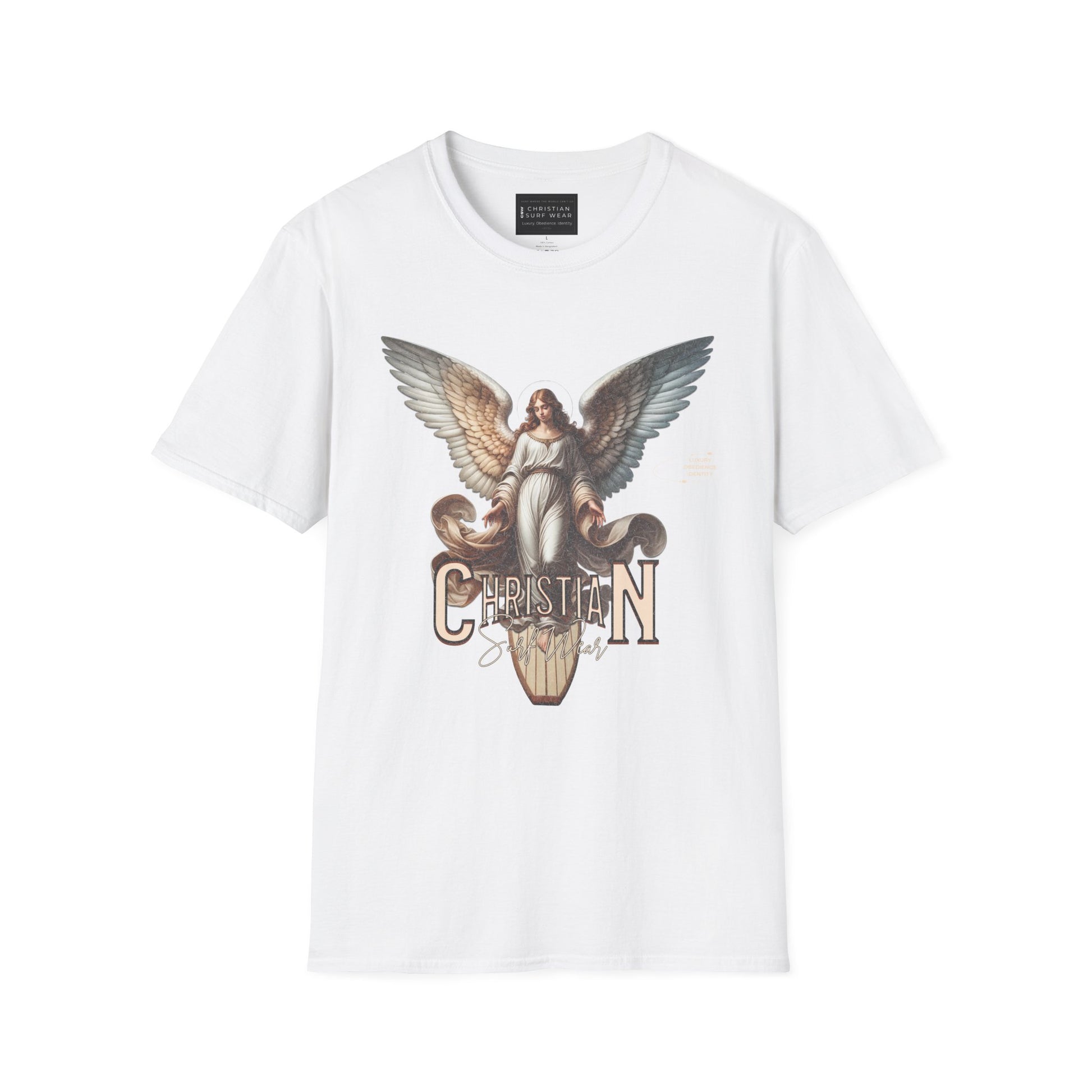 Christian Surf Wear Angel Graphic Unisex Softstyle T-Shirt | Casual Wear, Gift for Her/Him, Birthday, Spiritual Vibe, Everyday Fashion