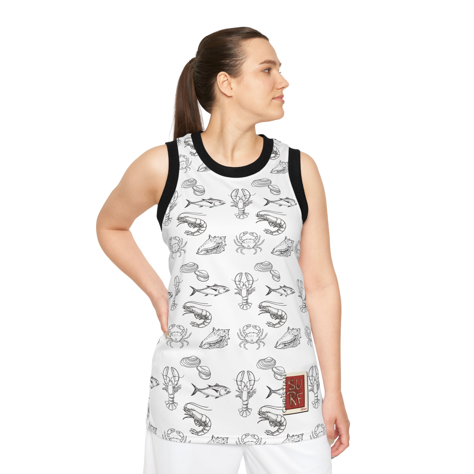 Christian Surf Wear Crab, Lobster, Clam, and Fish Graphic Unisex Nautical-Themed Basketball Jersey, Unique Sportswear, Beachwear, Gift for Athletes, Summer Style