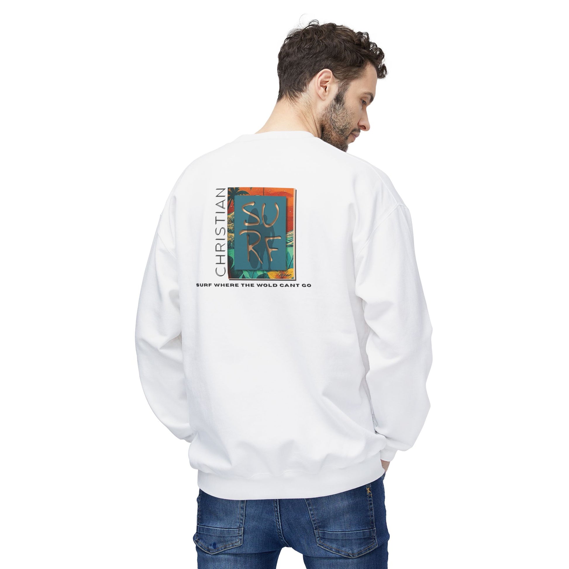 Unisex Fleece Sweatshirt with Surf Vibes, Cozy Surfing Crew Sweatshirt, Christian Gift, Beach Holiday Apparel, Summer Essentials