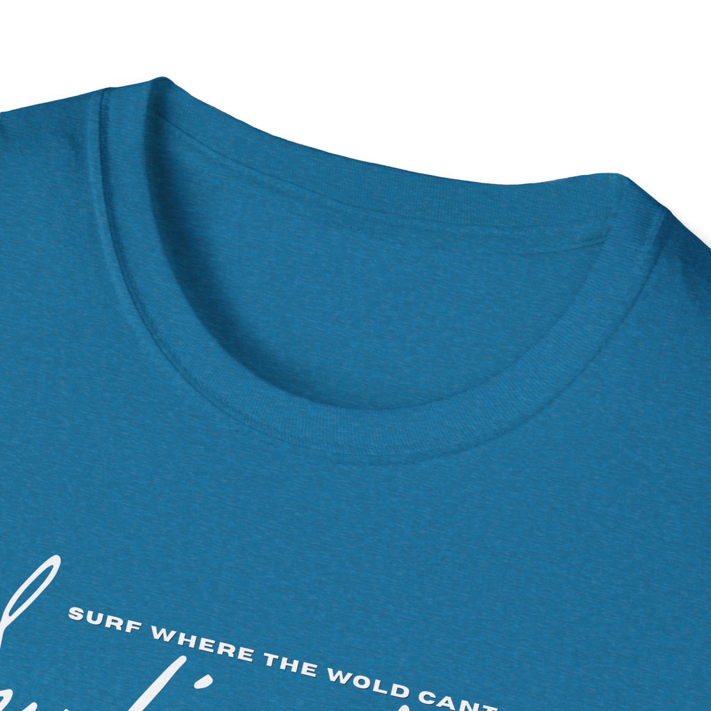 Surf Wear Typography Surf Where the World Can’t Go Graphic Surf’s Up Unisex Softstyle T-Shirt | Beach Vibes, Casual Wear, Gift for Surfers, Summer Style, Christian Apparel