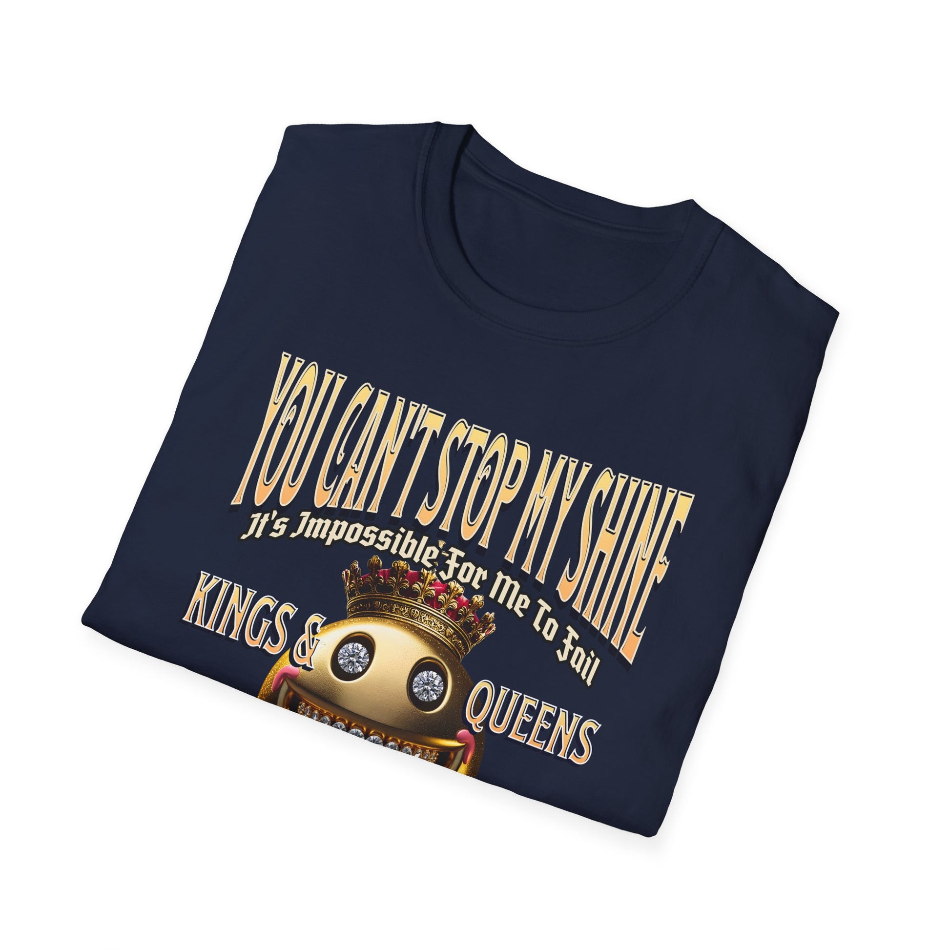 Navy Blue  Kingdom Confidence Graphic Gold Happy Face Emoji Unisex T-Shirt: You Can’t Stop My Shine Tee, With GOD On My Side, Premium Casual-Tee