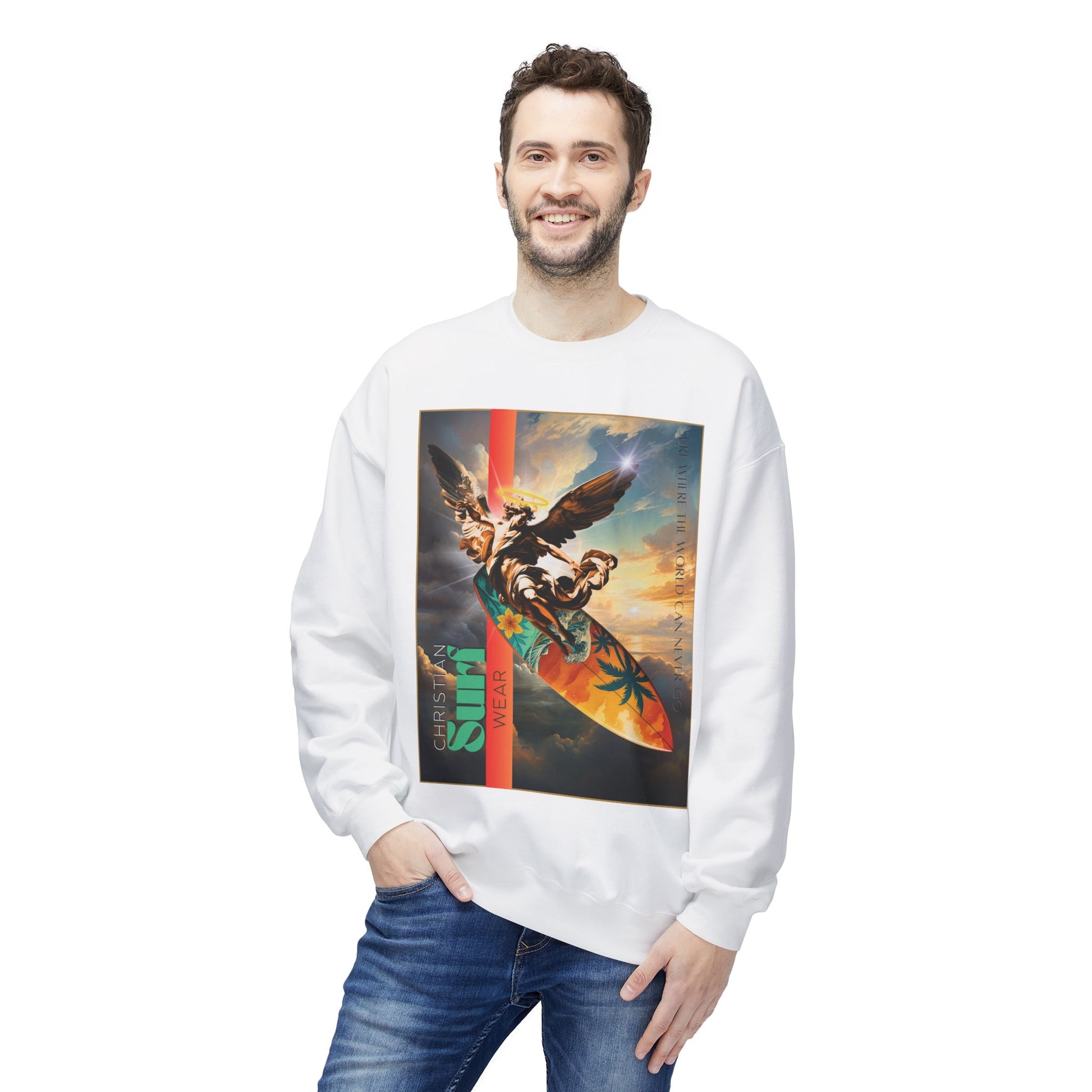 Unisex Fleece Sweatshirt with Surf Vibes, Cozy Surfing Crew Sweatshirt, Christian Gift, Beach Holiday Apparel, Summer Essentials