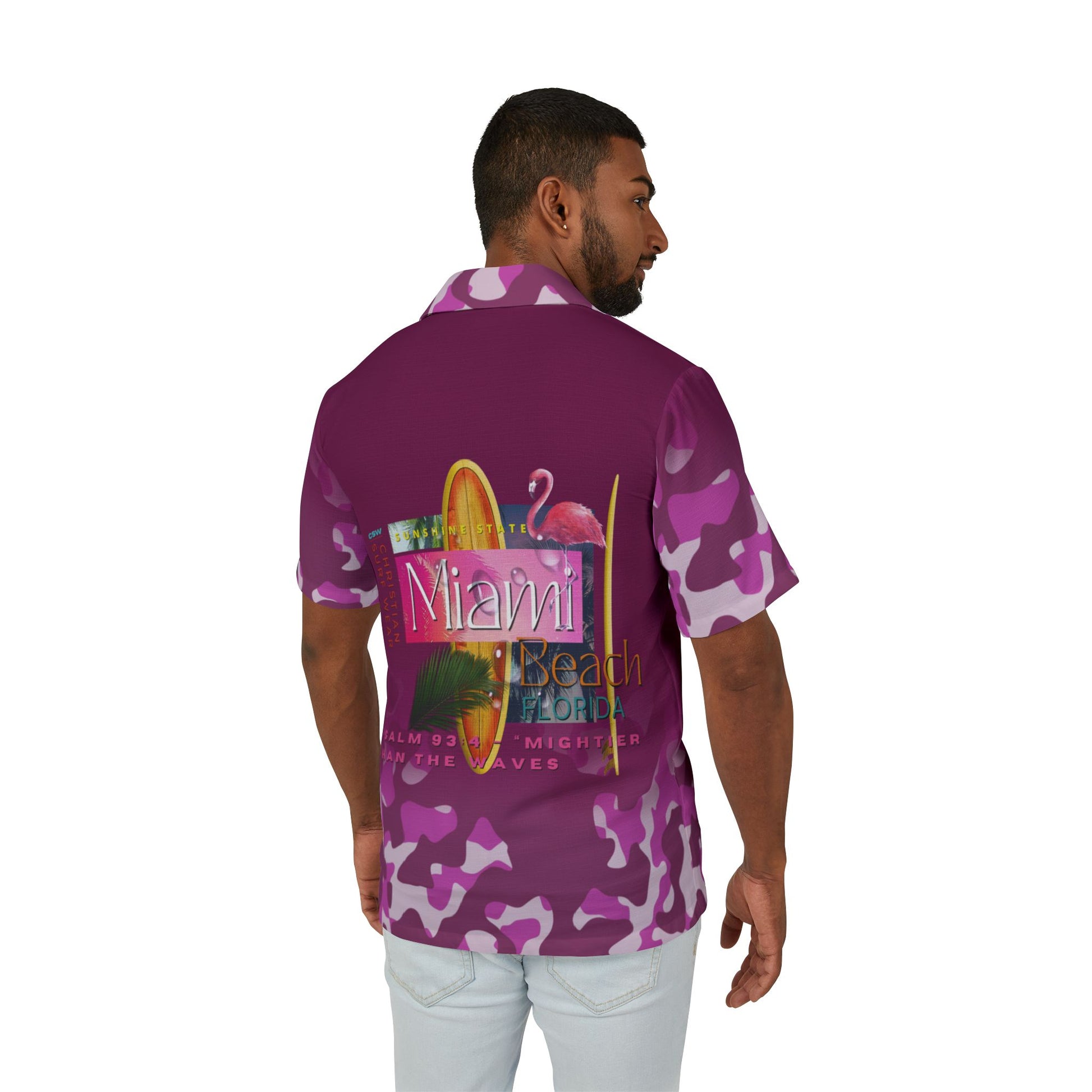 Christian Surf Wear Men's Hawaiian Camp Shirt - Christian Surf Wear Vintage Militant Miami Beach Themed Tropical Vacation Summer Beachwear Casual Party Attire