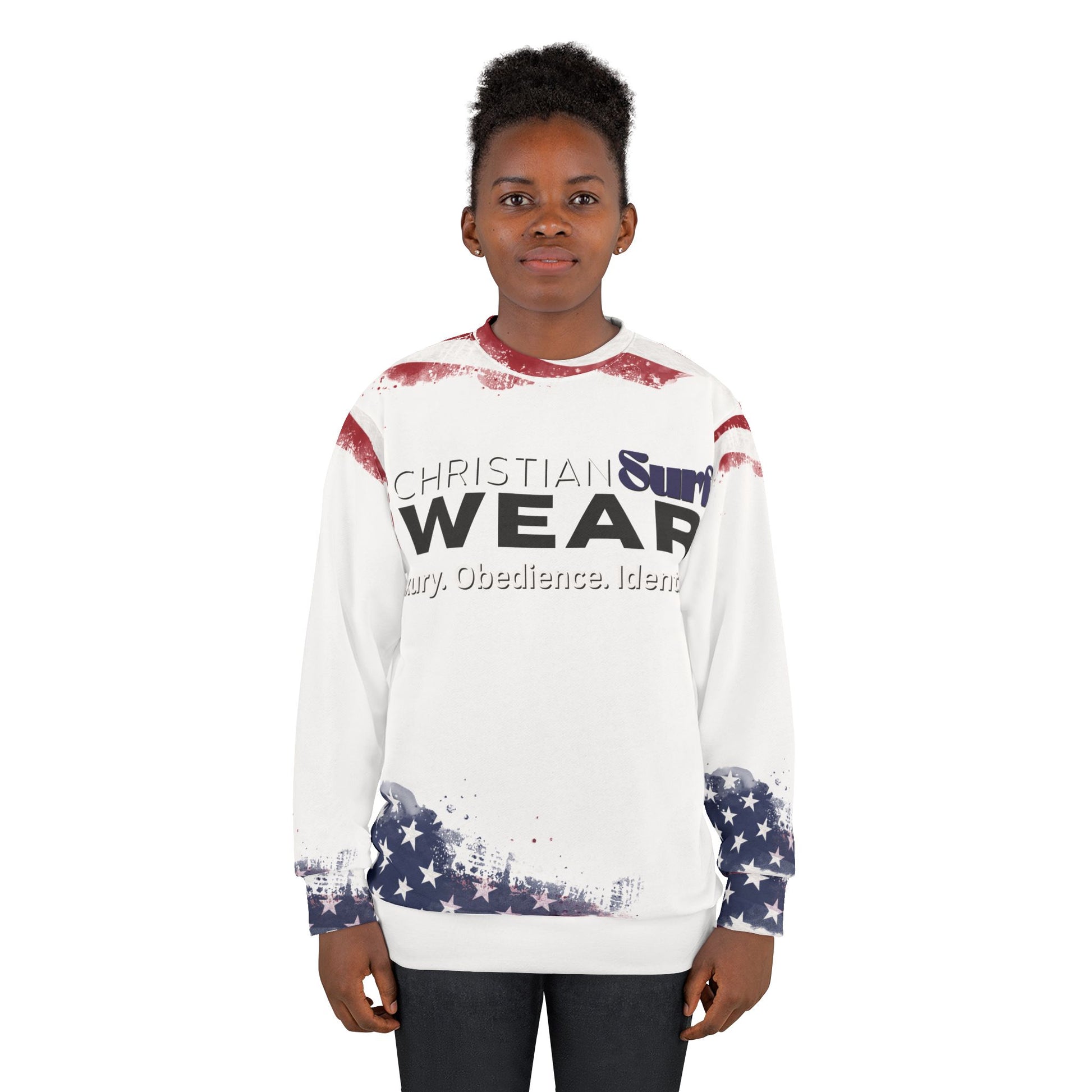 Christian Surf Wear Unisex American Flag Sweatshirt, Patriotic Crewneck for Surf Enthusiasts, Ideal for July 4th, Beach Days, Casual Wear, Gift for Adventurers
