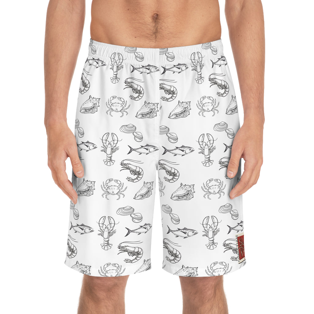Christian Surf Wear Fish Lobster, Crab, Clams and Conk Graphic Ocean Fishing Adventure Board Shorts, Beachwear, Summer Swim Trunks, Fishing Theme Shorts, Vacation Swimwear, Nautical Gift Idea