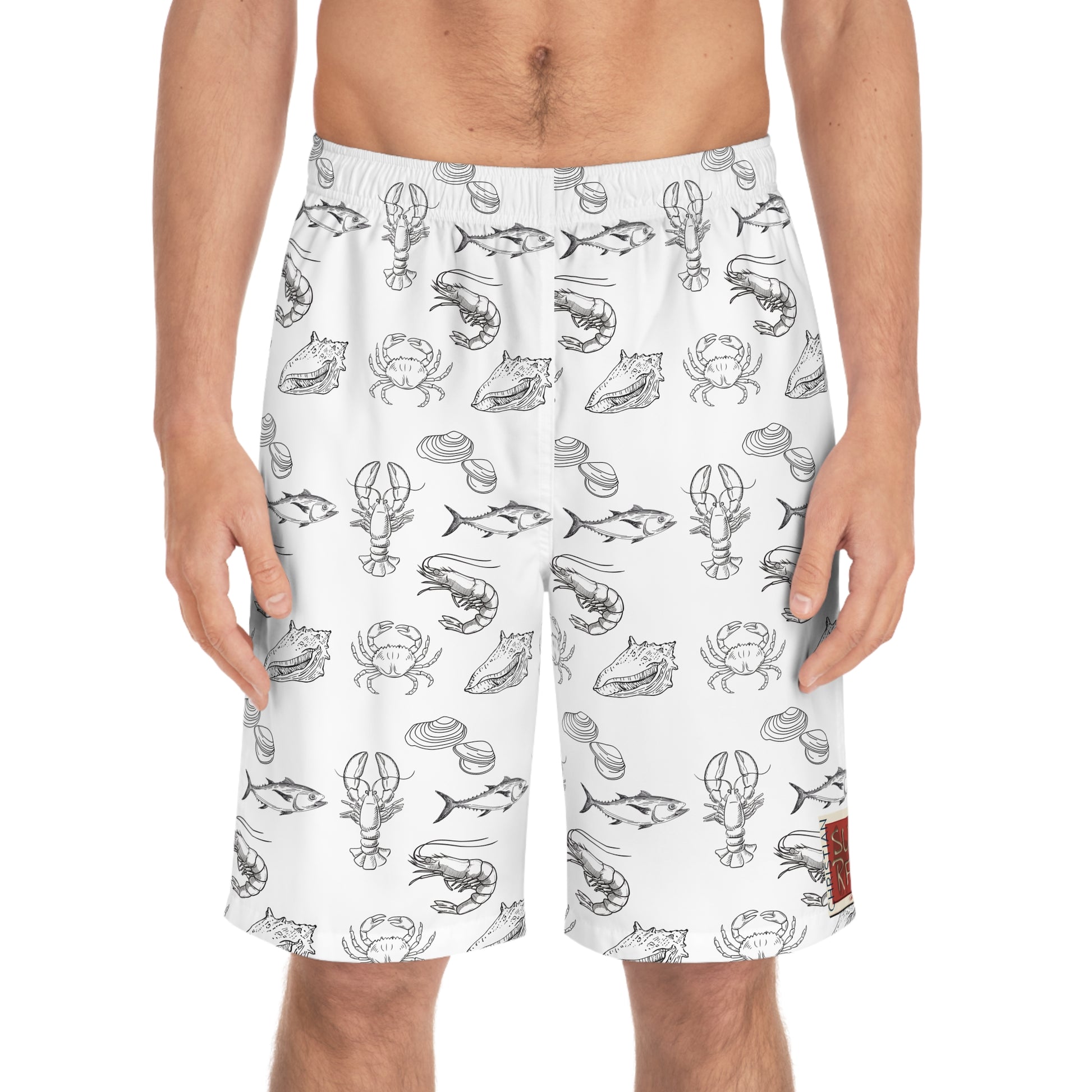 Christian Surf Wear Fish Lobster, Crab, Clams and Conk Graphic Ocean Fishing Adventure Board Shorts, Beachwear, Summer Swim Trunks, Fishing Theme Shorts, Vacation Swimwear, Nautical Gift Idea