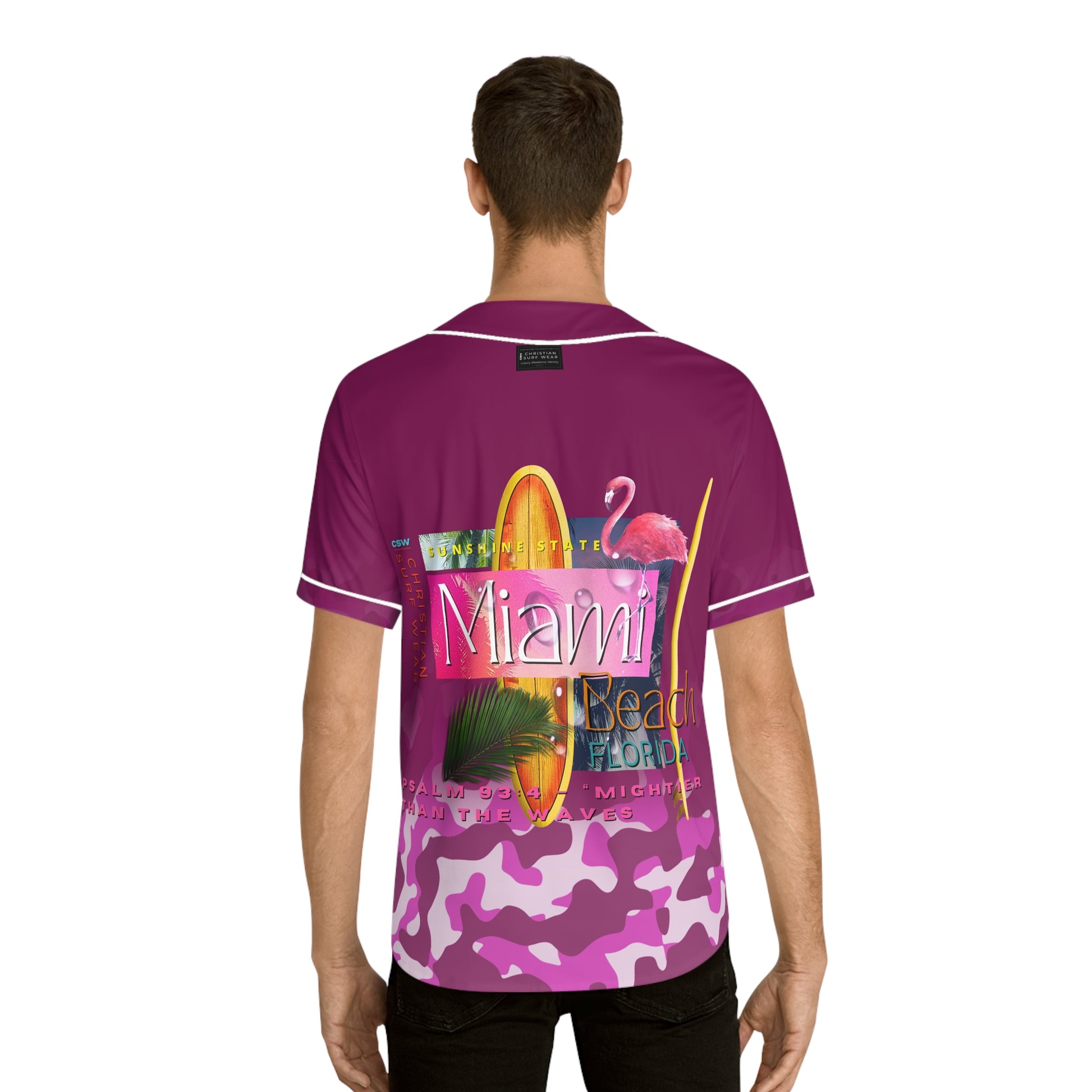 Christian Surf Wear Vibrant Men's Baseball Jersey – Miami Beach Vibe, Casual Wear for Sports Lovers, Summer Outings, Beach Days, Christian Apparel