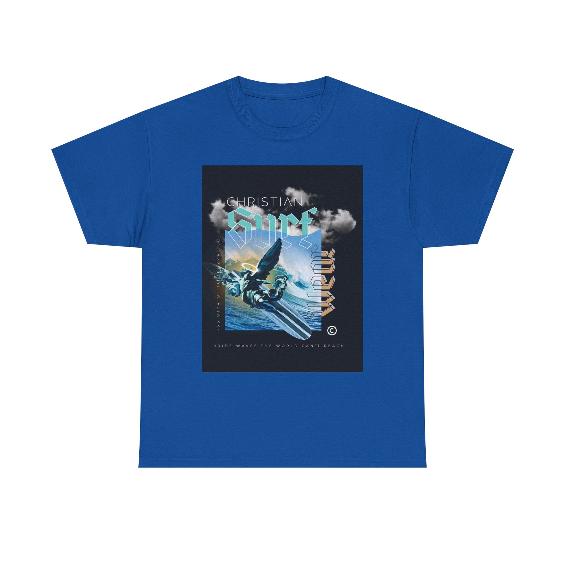 Surf Wear Angle Riding a Surfboard and a wave Graphic -Christian Surf Vibes Unisex Heavy Cotton Tee, Beachwear, Casual Shirt, Gift for Surfers, Summer Top, Spiritual Fashion