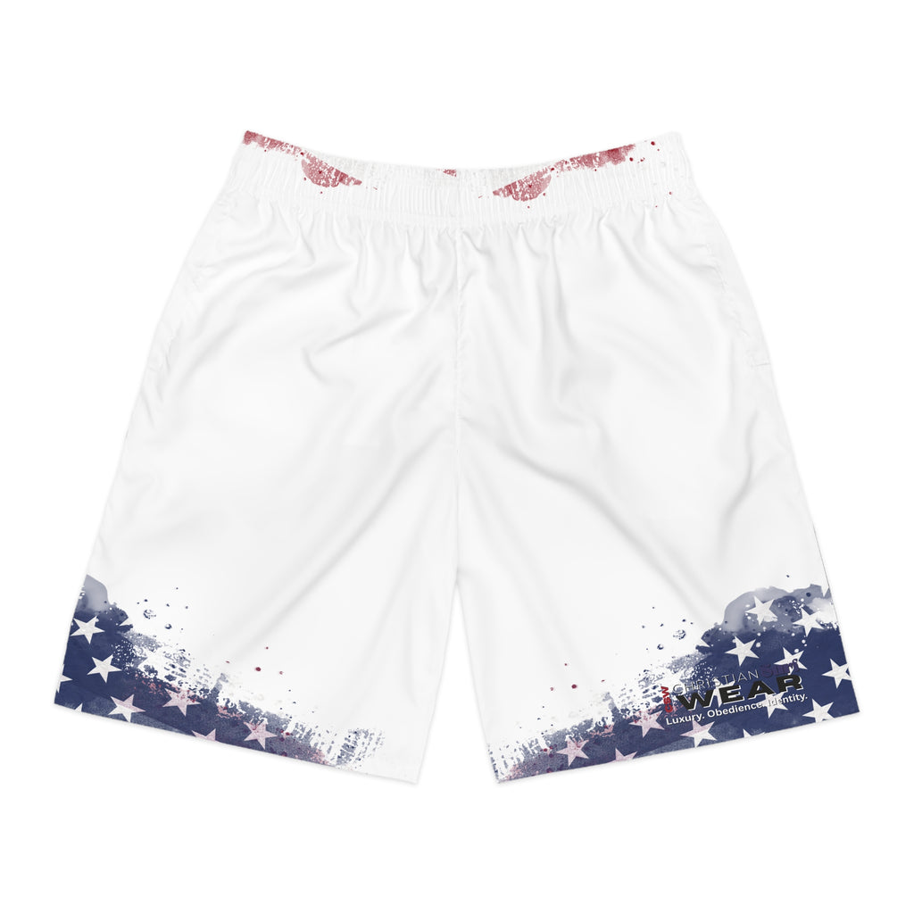 Christian Surf Wear Patriotic Men's Jogger Shorts, Summer Activewear, Casual Shorts for Men, USA Flag Shorts, Independence Day Outfit, Comfortable Sportswear