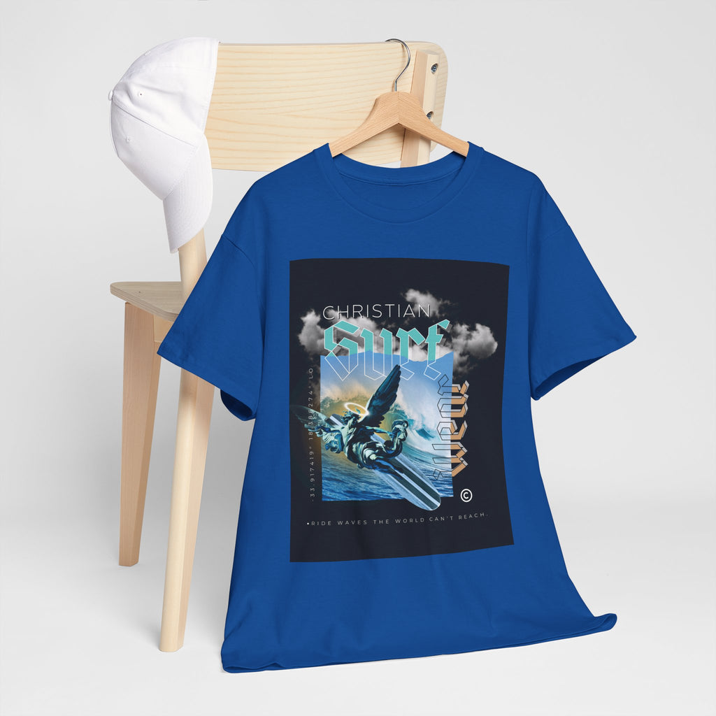 Surf Wear Angle Riding a Surfboard and a wave Graphic -Christian Surf Vibes Unisex Heavy Cotton Tee, Beachwear, Casual Shirt, Gift for Surfers, Summer Top, Spiritual Fashion