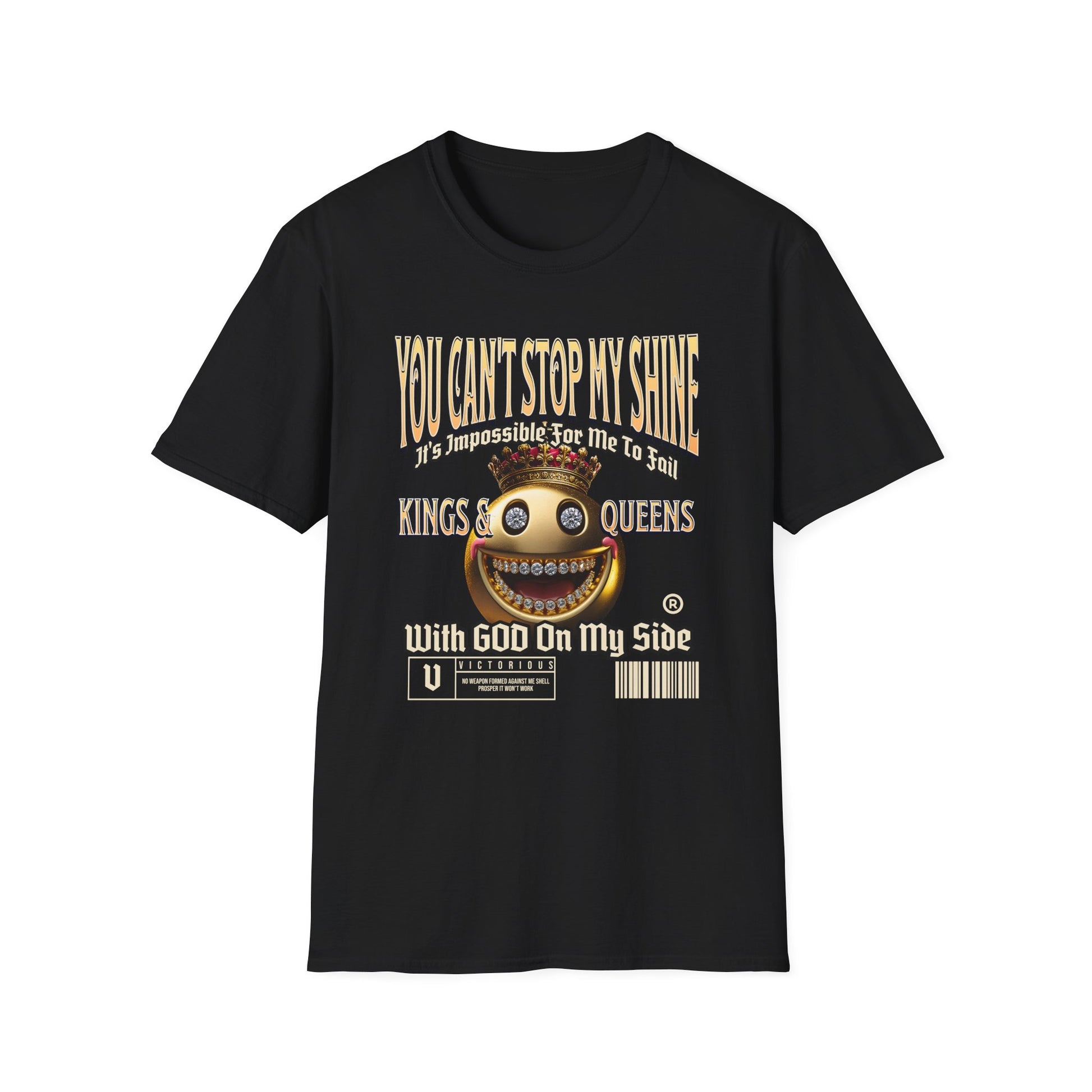 Brilliant Black Kingdom Confidence Graphic Gold Happy Face Emoji Unisex T-Shirt: You Can’t Stop My Shine Tee, With GOD On My Side, Premium Casual-Tee