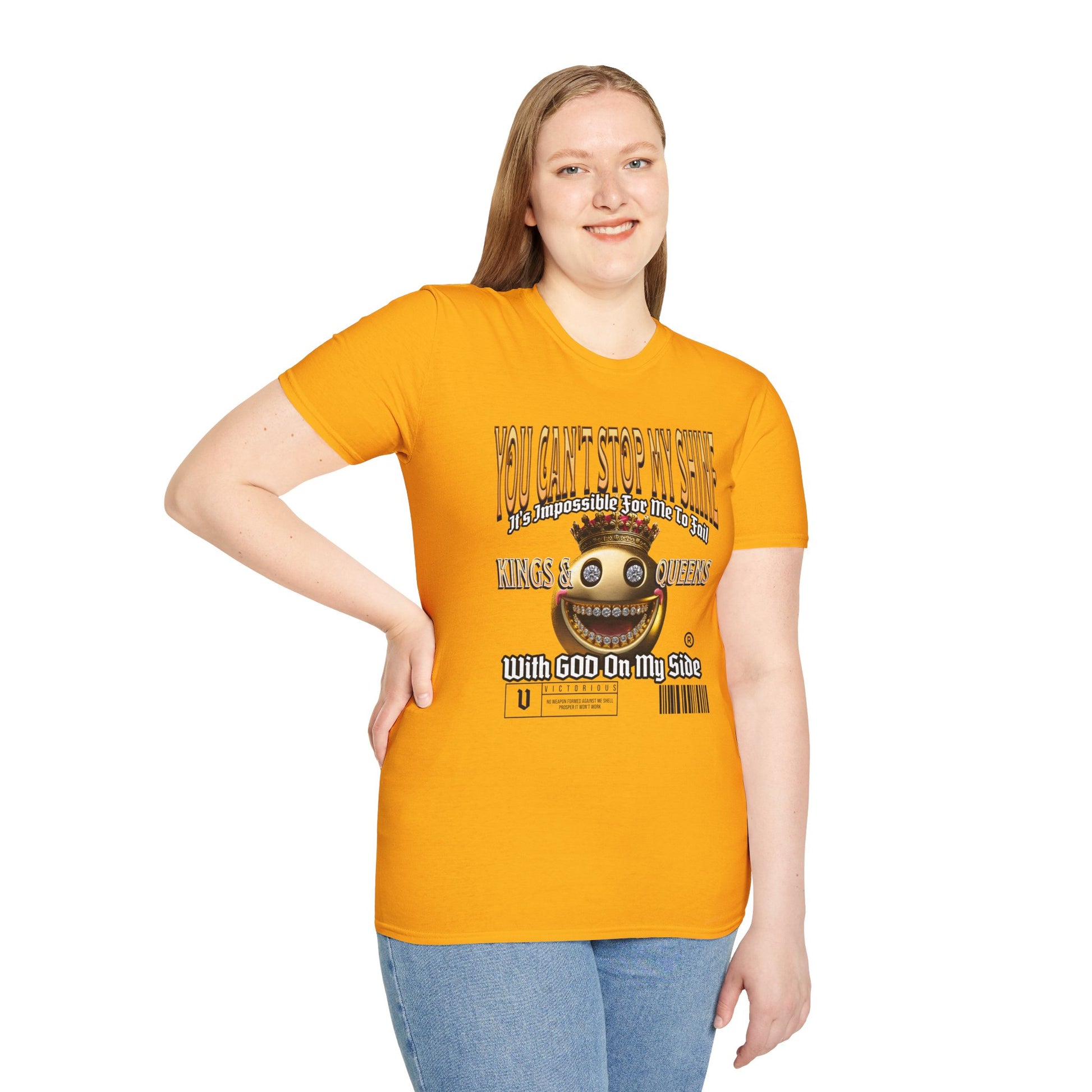Devine Gold Kingdom Confidence Graphic Gold Happy Face Emoji Unisex T-Shirt: You Can’t Stop My Shine Tee, With GOD On My Side, Premium Casual-Tee