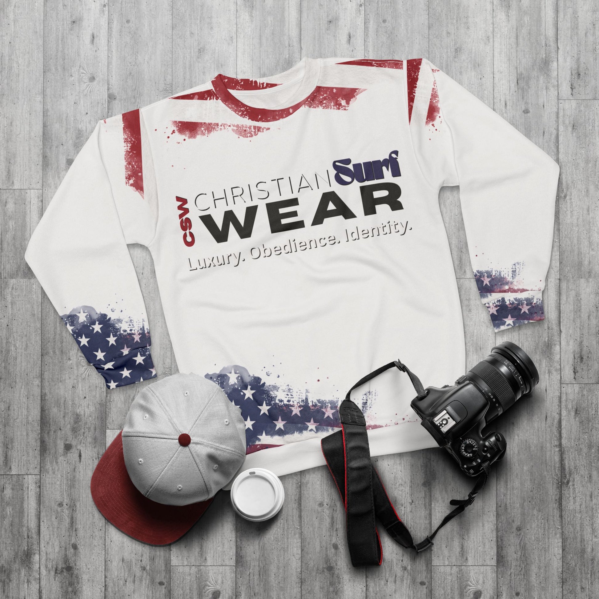 Christian Surf Wear Unisex American Flag Sweatshirt, Patriotic Crewneck for Surf Enthusiasts, Ideal for July 4th, Beach Days, Casual Wear, Gift for Adventurers