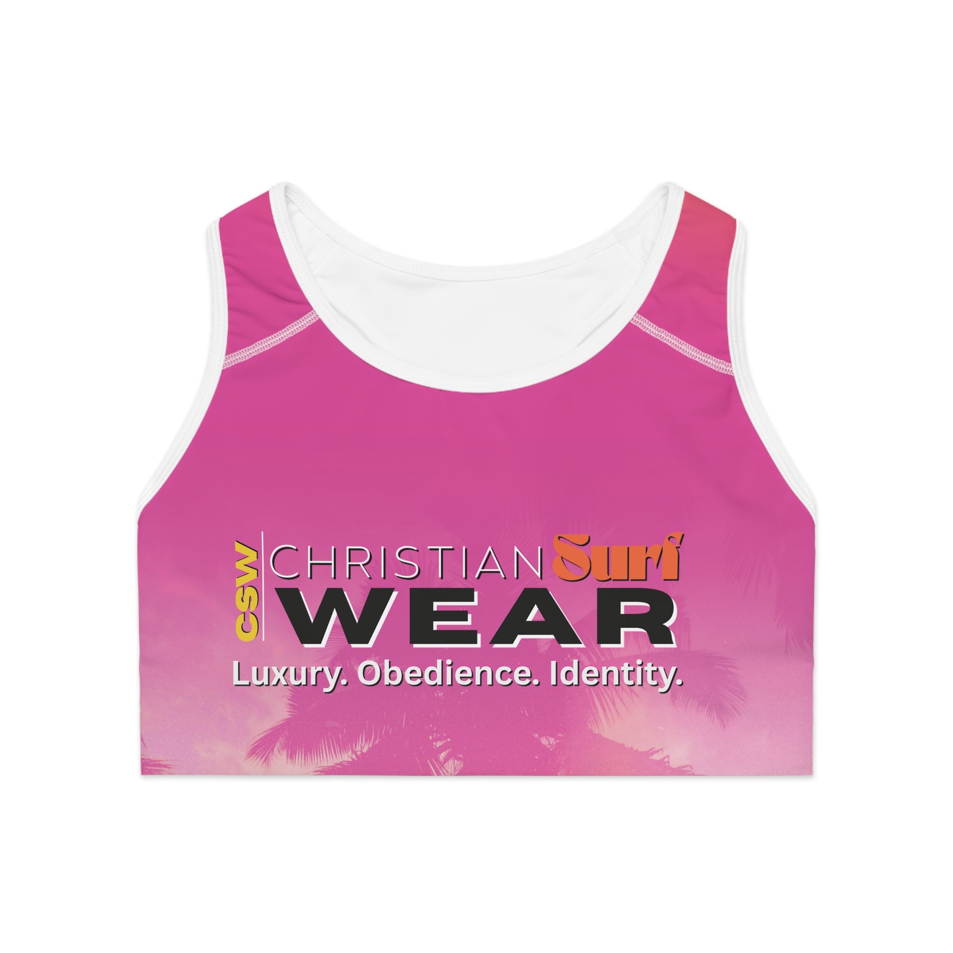 Christian Surf Wear Palm Tree Graphic Summer Surge Stylish Sports Bra, Activewear for Fitness Lovers, Yoga, Gym, Workouts, Gift for Her, Summer Vibes