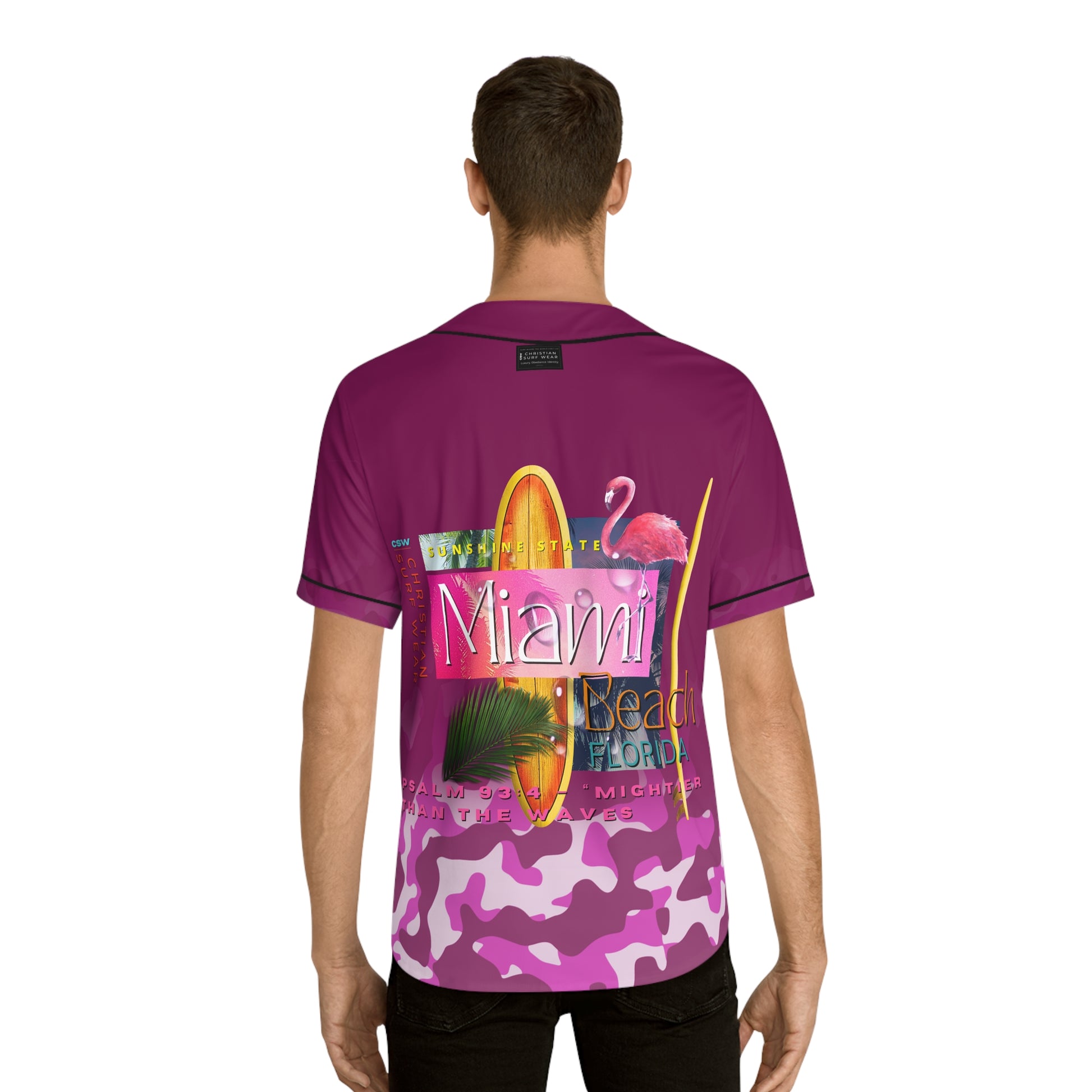 Christian Surf Wear Vibrant Men's Baseball Jersey – Miami Beach Vibe, Casual Wear for Sports Lovers, Summer Outings, Beach Days, Christian Apparel