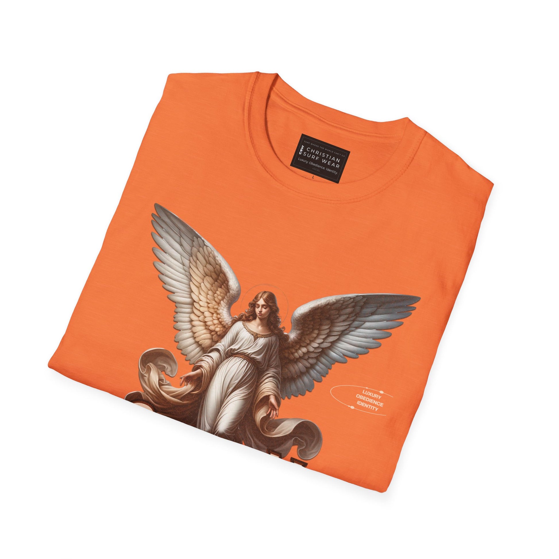 Christian Surf Wear Angel Graphic Unisex Softstyle T-Shirt | Casual Wear, Gift for Her/Him, Birthday, Spiritual Vibe, Everyday Fashion