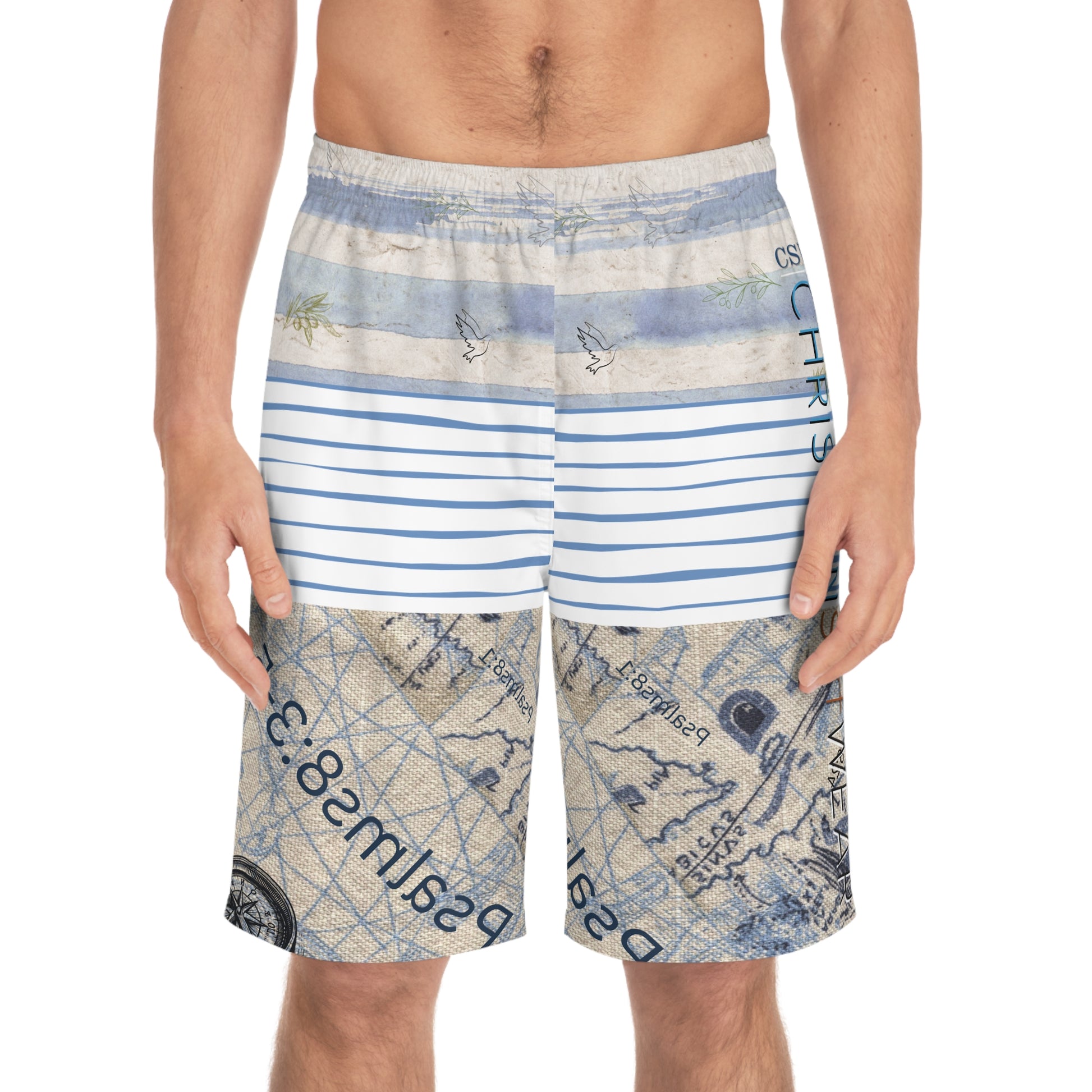 Christian Surf Wear Vintage Map Graphic Stylish Men's Board Shorts, Beachwear, Swim Shorts, Summer Essentials, Vacation Attire, Graphic Swimwear