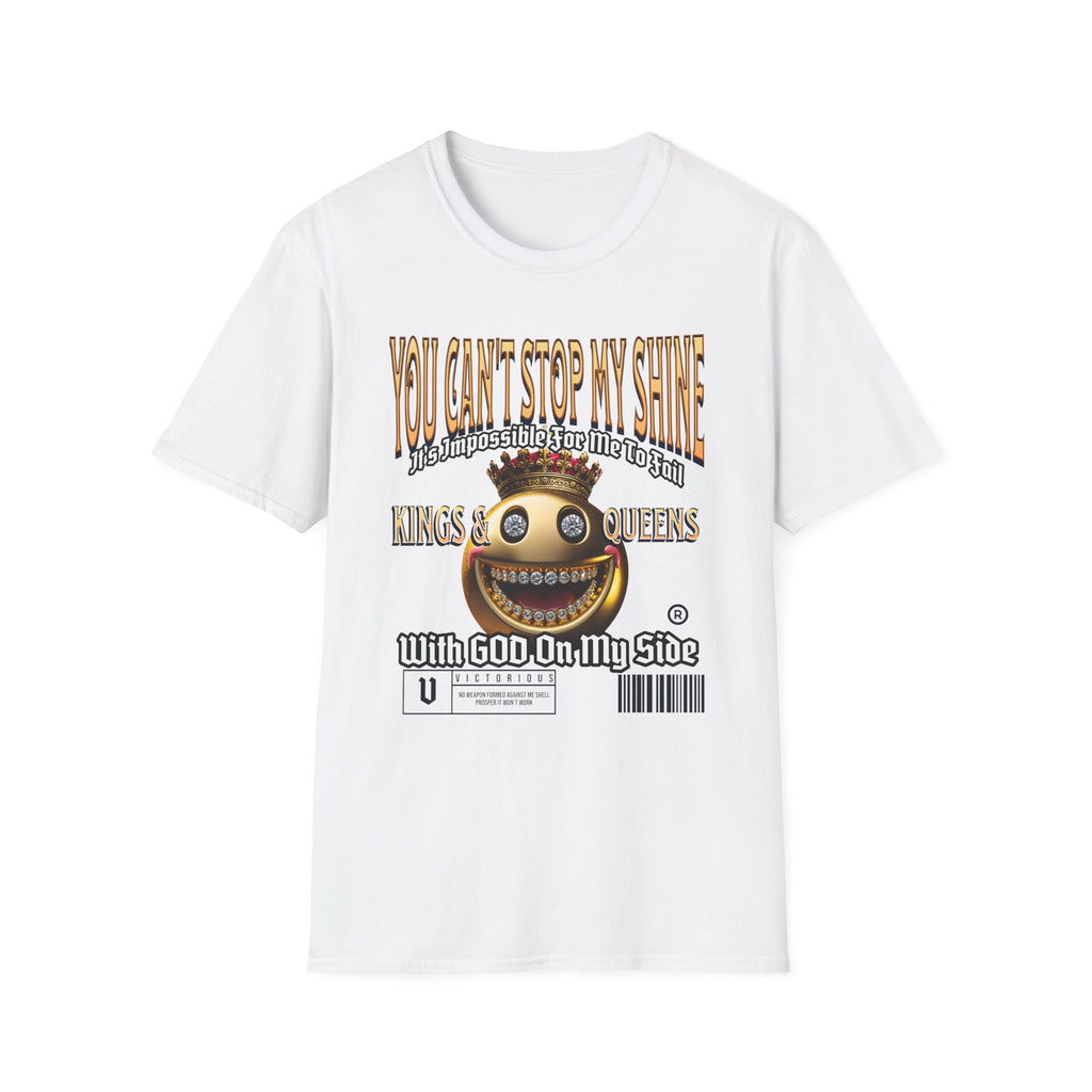 Pure White Kingdom Confidence Graphic Gold Happy Face Emoji Unisex T-Shirt: You Can’t Stop My Shine Tee, With GOD On My Side, Premium Casual-Tee