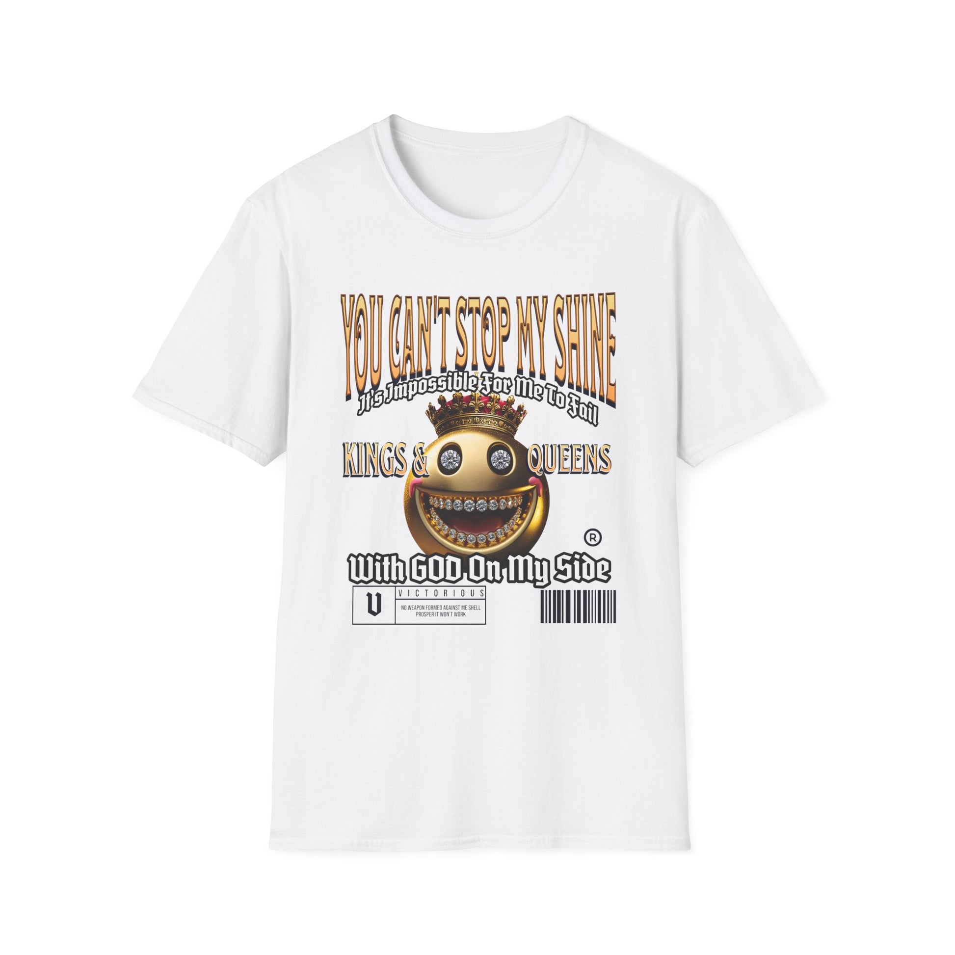 Pure White Kingdom Confidence Graphic Gold Happy Face Emoji Unisex T-Shirt: You Can’t Stop My Shine Tee, With GOD On My Side, Premium Casual-Tee