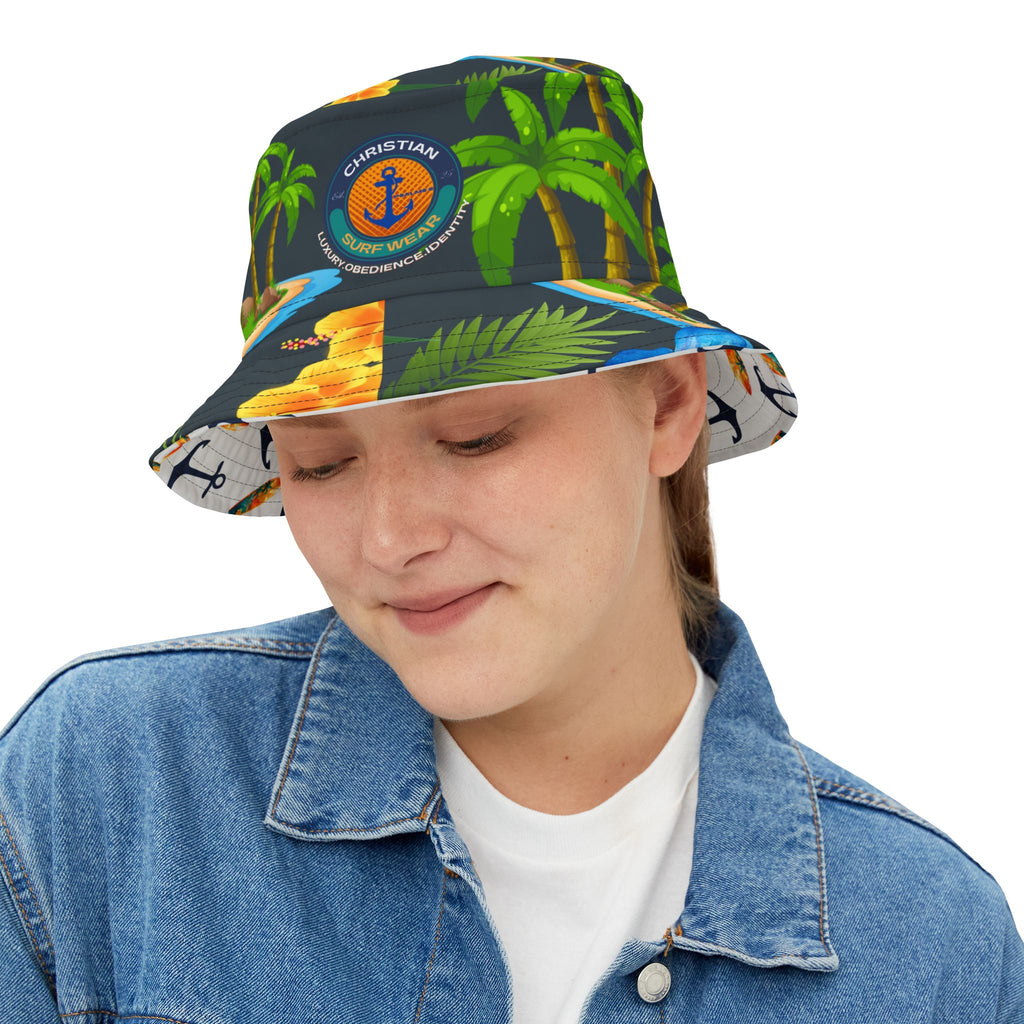 Anchor & Horizon Blue Tropical Nautical Bucket Hat – By Christian Surf Wear | Vibrant AOP Floral Vacation Hat, Beachwear & Travel Accessory