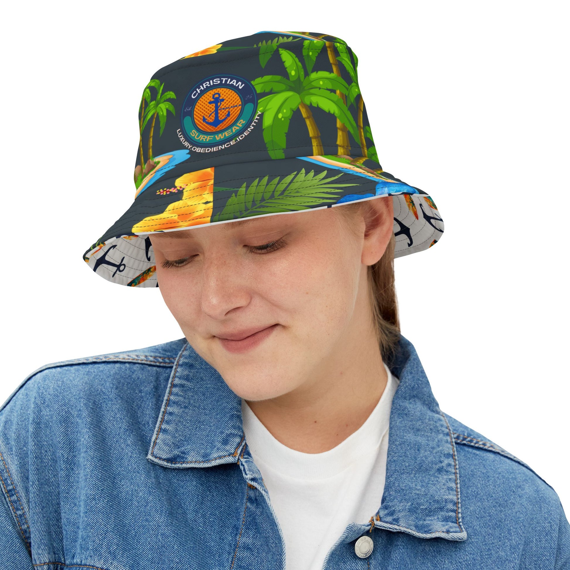 Anchor & Horizon Blue Tropical Nautical Bucket Hat – By Christian Surf Wear | Vibrant AOP Floral Vacation Hat, Beachwear & Travel Accessory