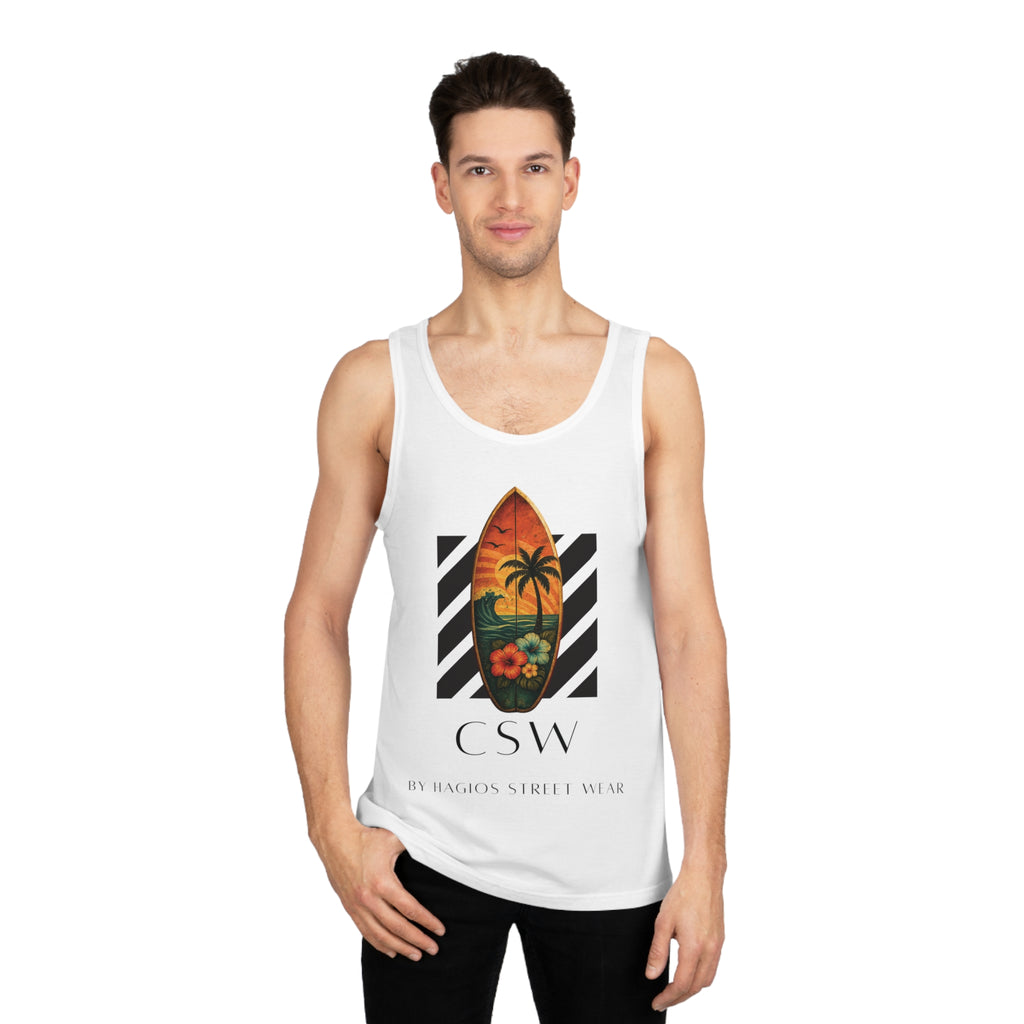 Christian Surf Wear Typography CSW by Hagios street Wear Surf-Inspired Unisex Tank Top | Beachwear, Casual Summer Top, Vacation Essential, Boho Style, Gift for Him/Her
