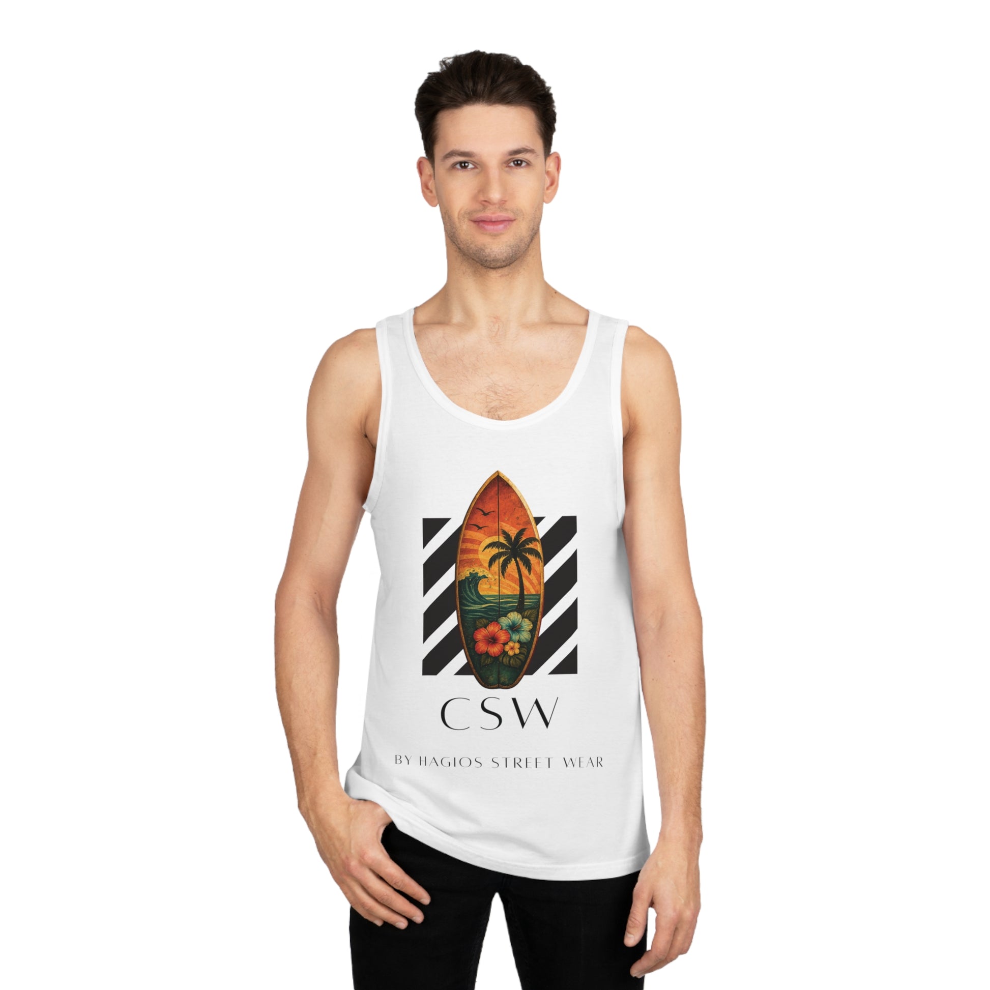 Christian Surf Wear Typography CSW by Hagios street Wear Surf-Inspired Unisex Tank Top | Beachwear, Casual Summer Top, Vacation Essential, Boho Style, Gift for Him/Her