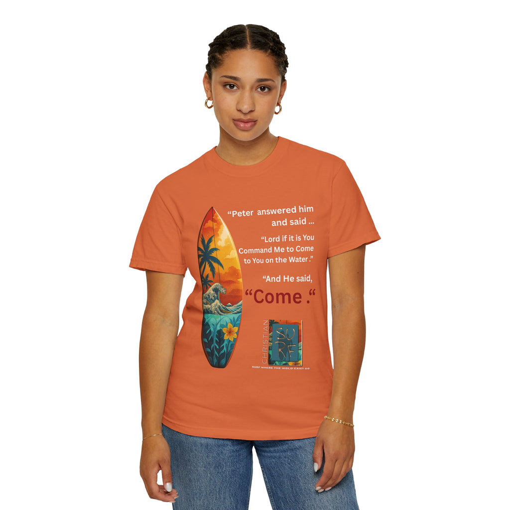 Street Wear Vintage Surf Board Graphic Art Work Unisex T-Shirt - Christian Surf Wear 'Move By Faith' Collection