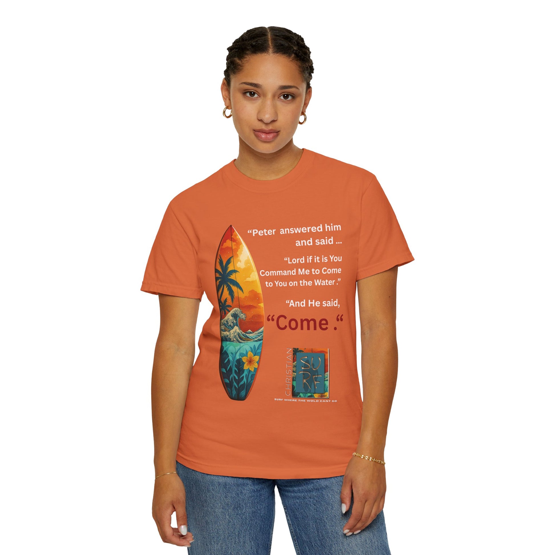 Street Wear Vintage Surf Board Graphic Art Work Unisex T-Shirt - Christian Surf Wear 'Move By Faith' Collection