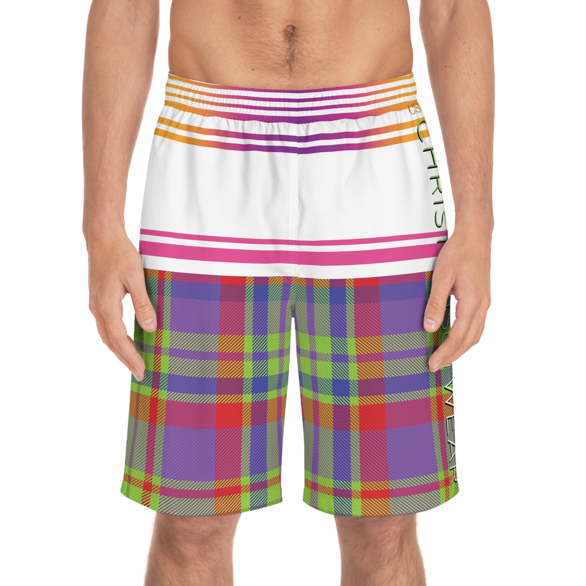 Christian Surf Wear Retro Vibrant Men's Board Shorts - Colorful Plaid Swimwear for Summer Fun, Beach Party, Vacation, Pool Days, Relaxation