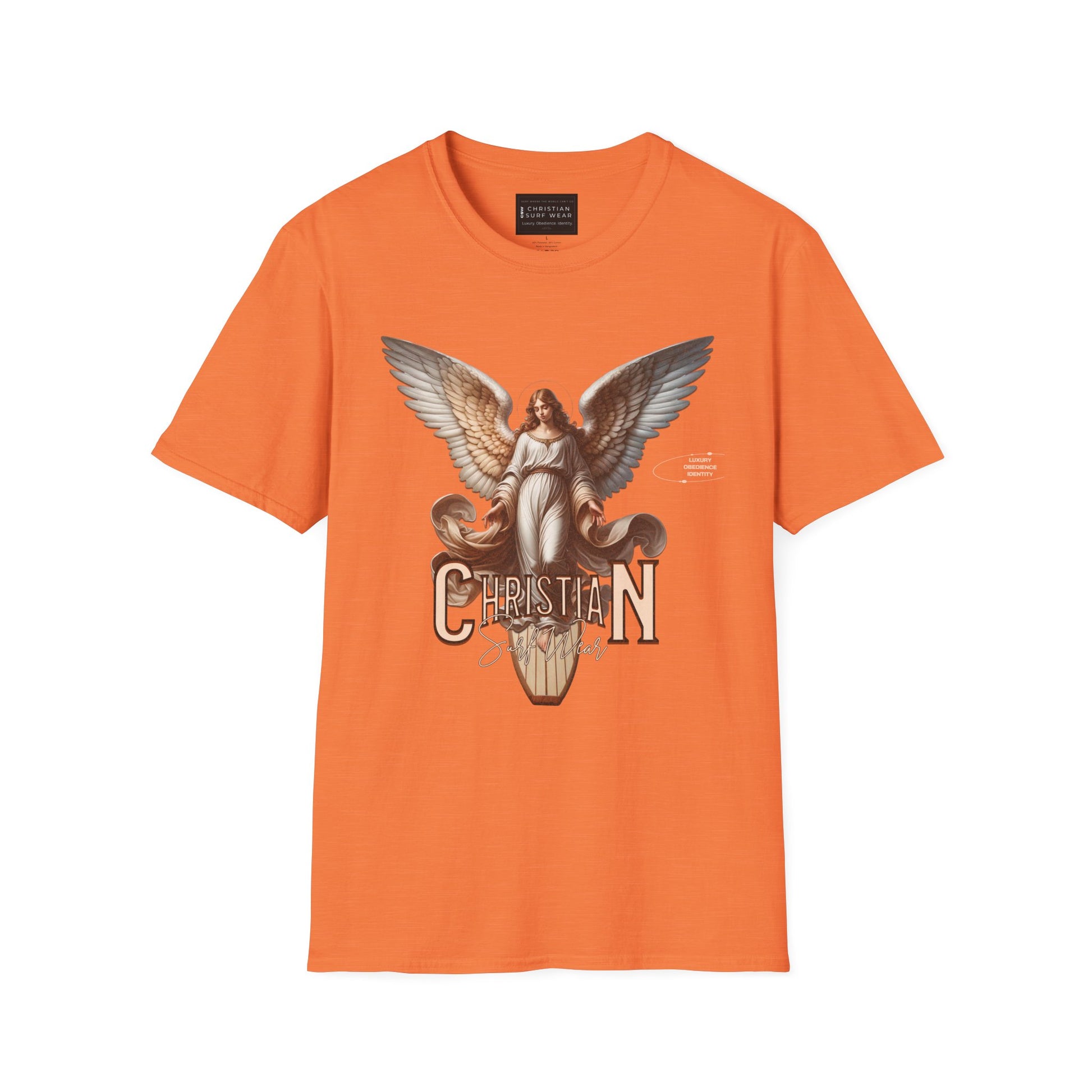 Christian Surf Wear Angel Graphic Unisex Softstyle T-Shirt | Casual Wear, Gift for Her/Him, Birthday, Spiritual Vibe, Everyday Fashion