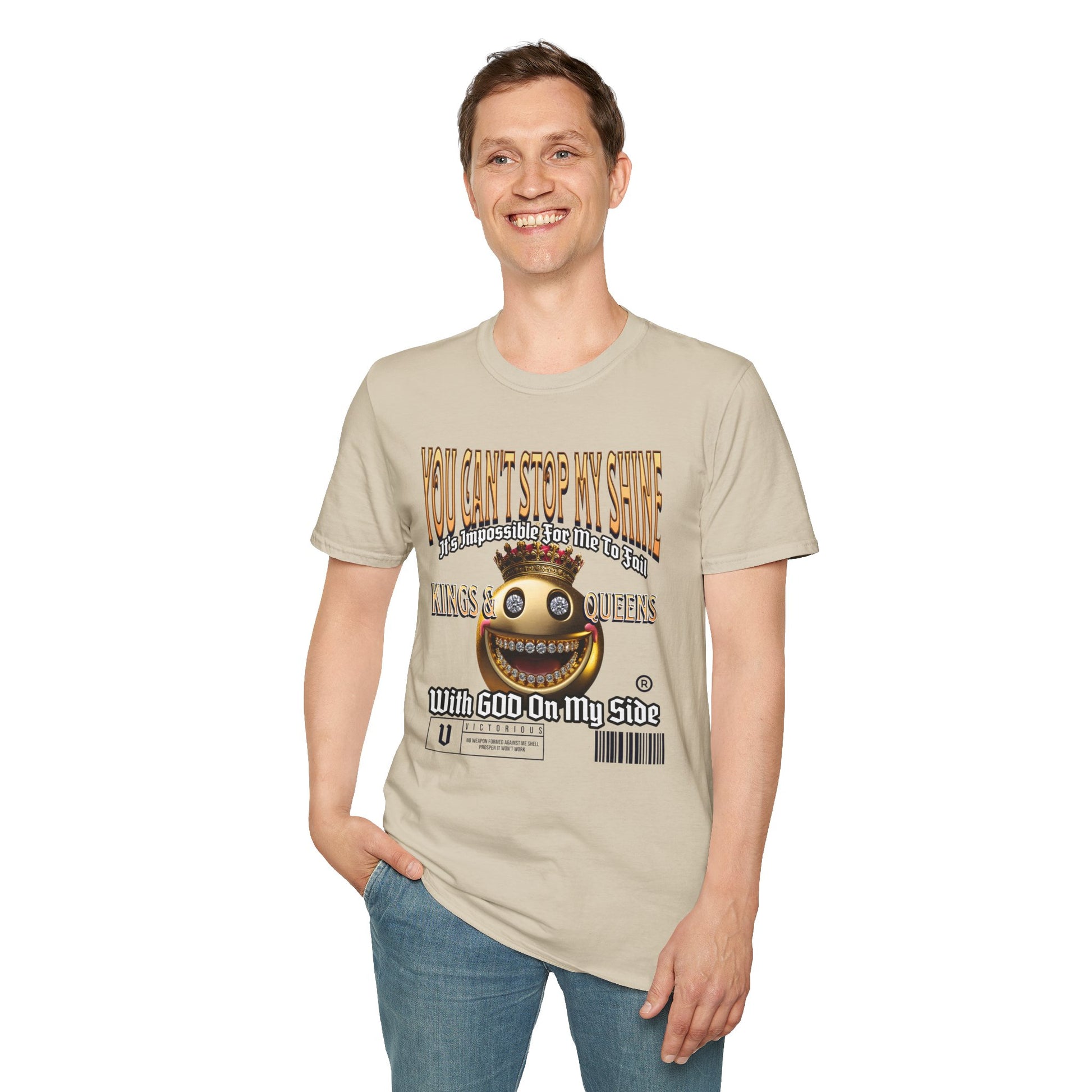 Copy of Copy of Copy of Kingdom Confidence Graphic Gold Happy Face Emoji Unisex T-Shirt: You Can’t Stop My Shine Tee, With GOD On My Side, Premium Casual-Tee