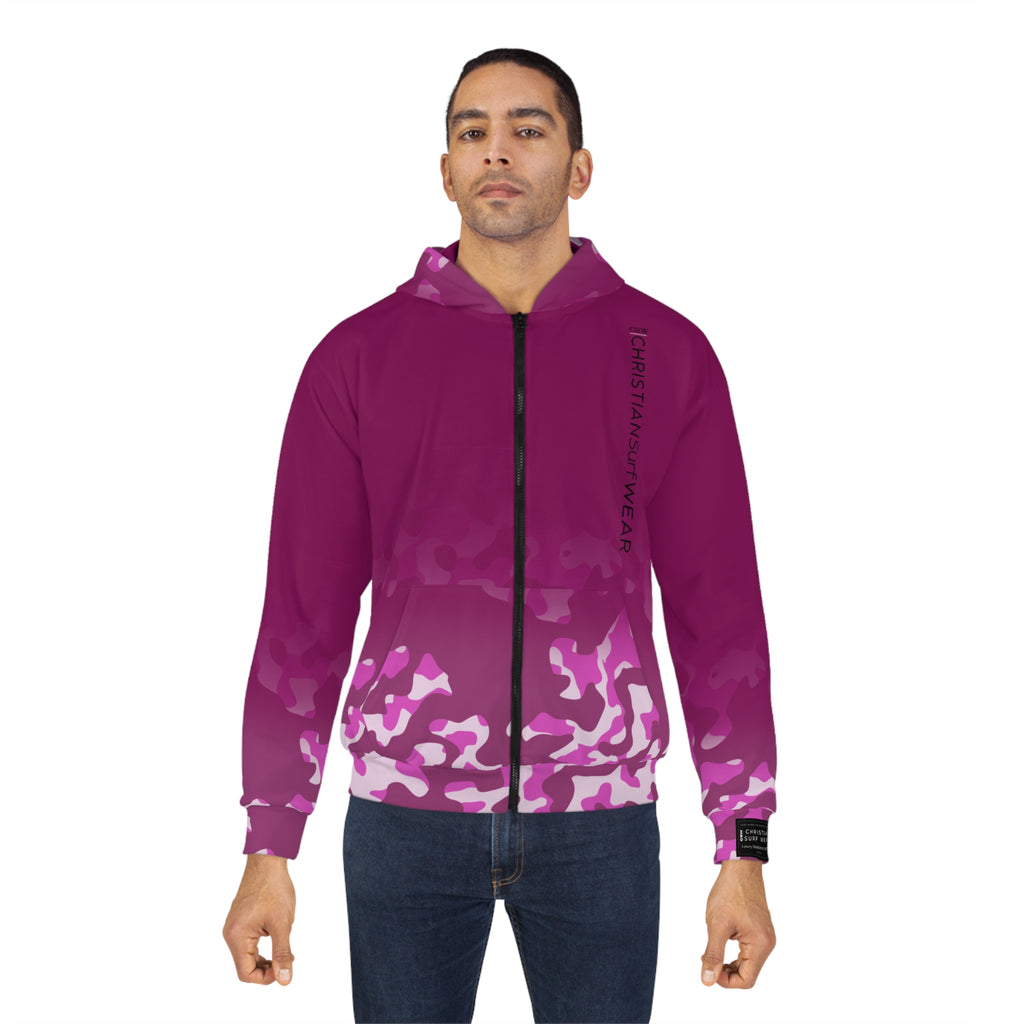 Christian Surf Wear Vintage Militant Vibrant Miami Beach theme  Zip Hoodie, Unisex Hoodie for Beach Lovers, Vibrant AOP Design, Gift for Christmas and Summer, Stylish Camo Layer