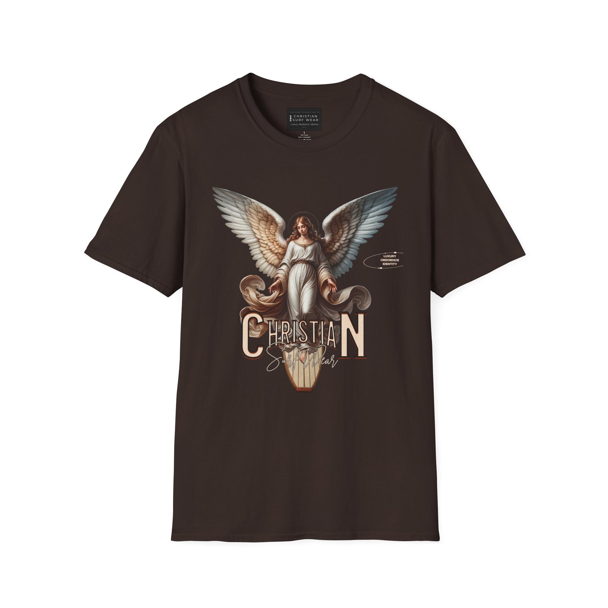 Christian Surf Wear Angel Graphic Unisex Softstyle T-Shirt | Casual Wear, Gift for Her/Him, Birthday, Spiritual Vibe, Everyday Fashion