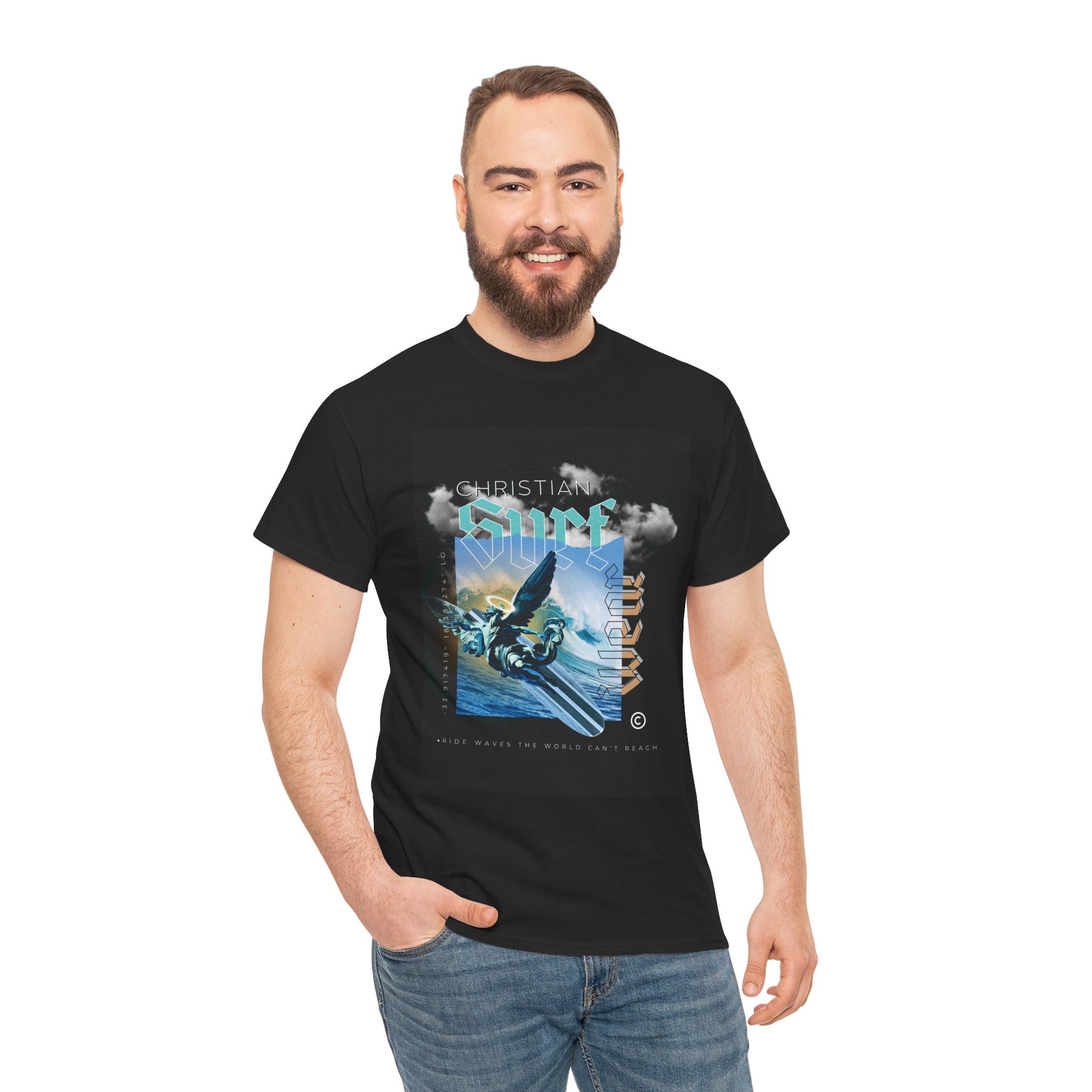 Surf Wear Angle Riding a Surfboard and a wave Graphic -Christian Surf Vibes Unisex Heavy Cotton Tee, Beachwear, Casual Shirt, Gift for Surfers, Summer Top, Spiritual Fashion