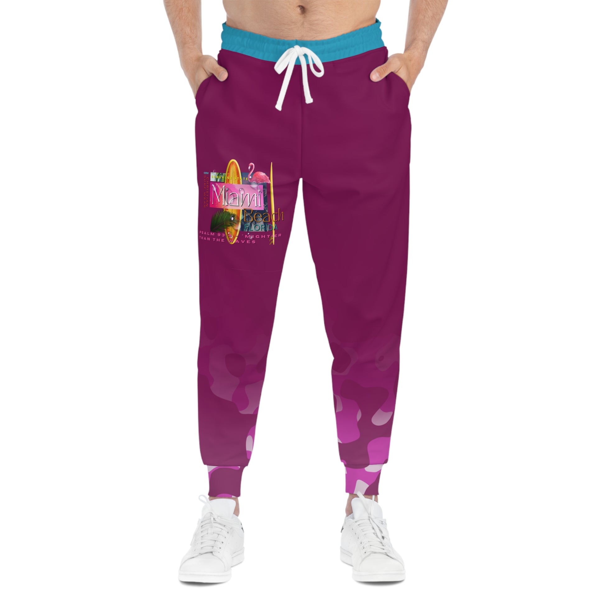 Christian Surf Wear Vintage Militant Vibrant Miami-Inspired Athletic Joggers, Trendy Activewear, Fitness Pants, Surf Style Bottoms, Casual Joggers, Comfortable Lounge Wear