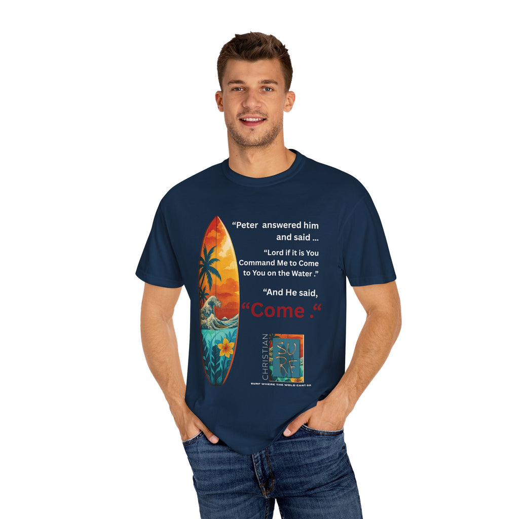 Street Wear Vintage Surf Board Graphic Art Work Unisex T-Shirt - Christian Surf Wear 'Move By Faith' Collection