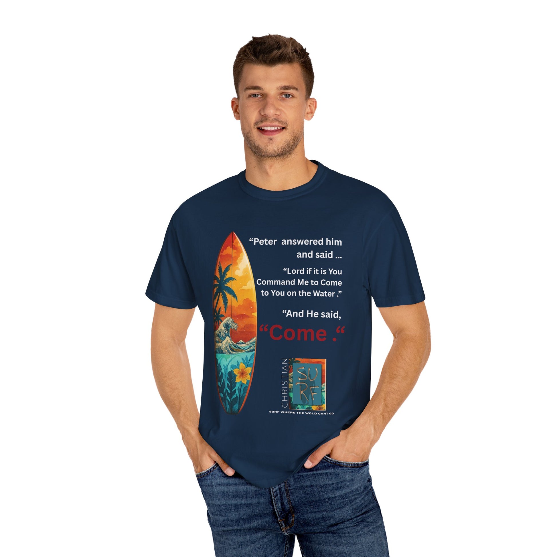Street Wear Vintage Surf Board Graphic Art Work Unisex T-Shirt - Christian Surf Wear 'Move By Faith' Collection