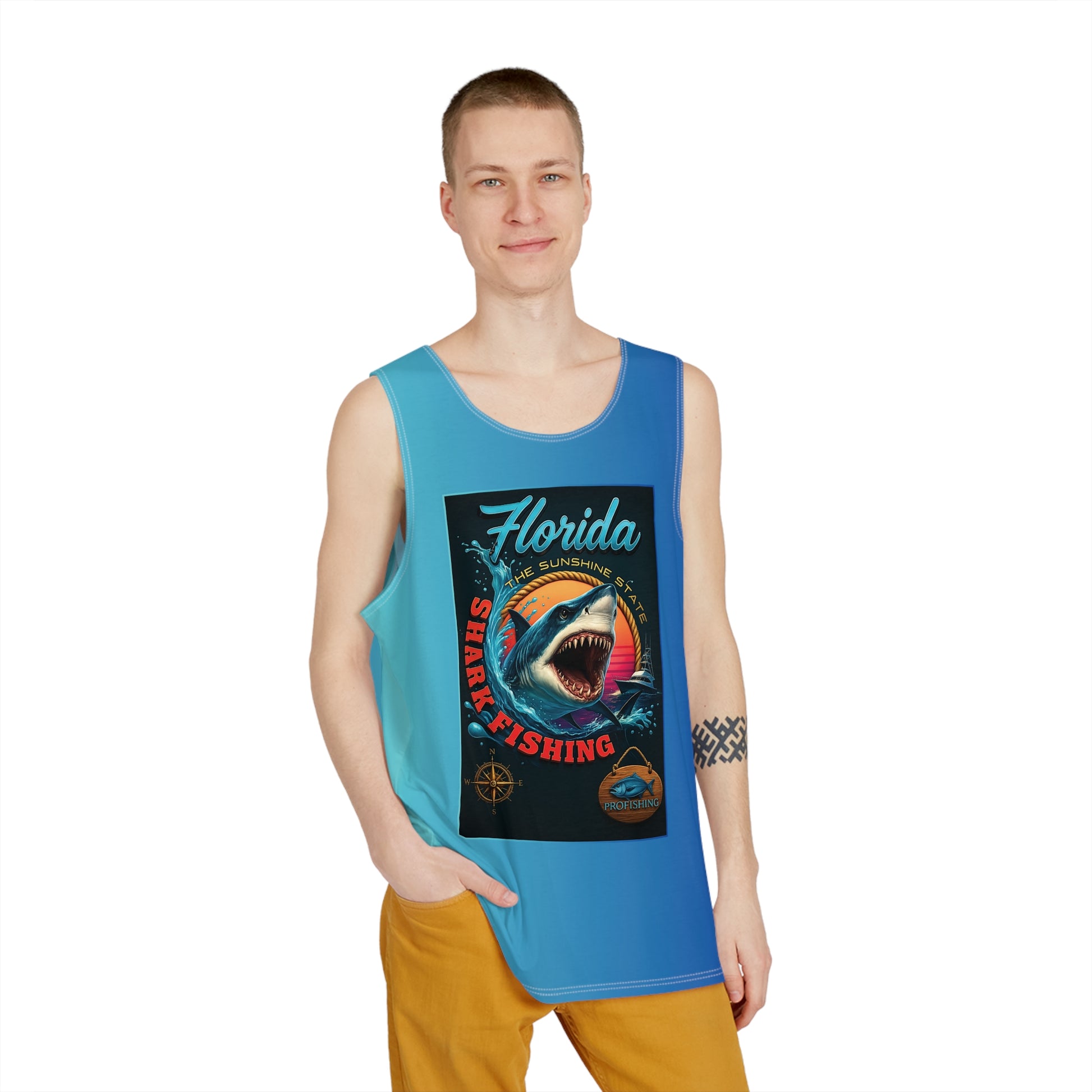 Christian Surf Wear Florida Shark Fishing Men's Tank Top, Summer Beachwear, Surfing Apparel, Vacation Outfit, Gift for Fishermen