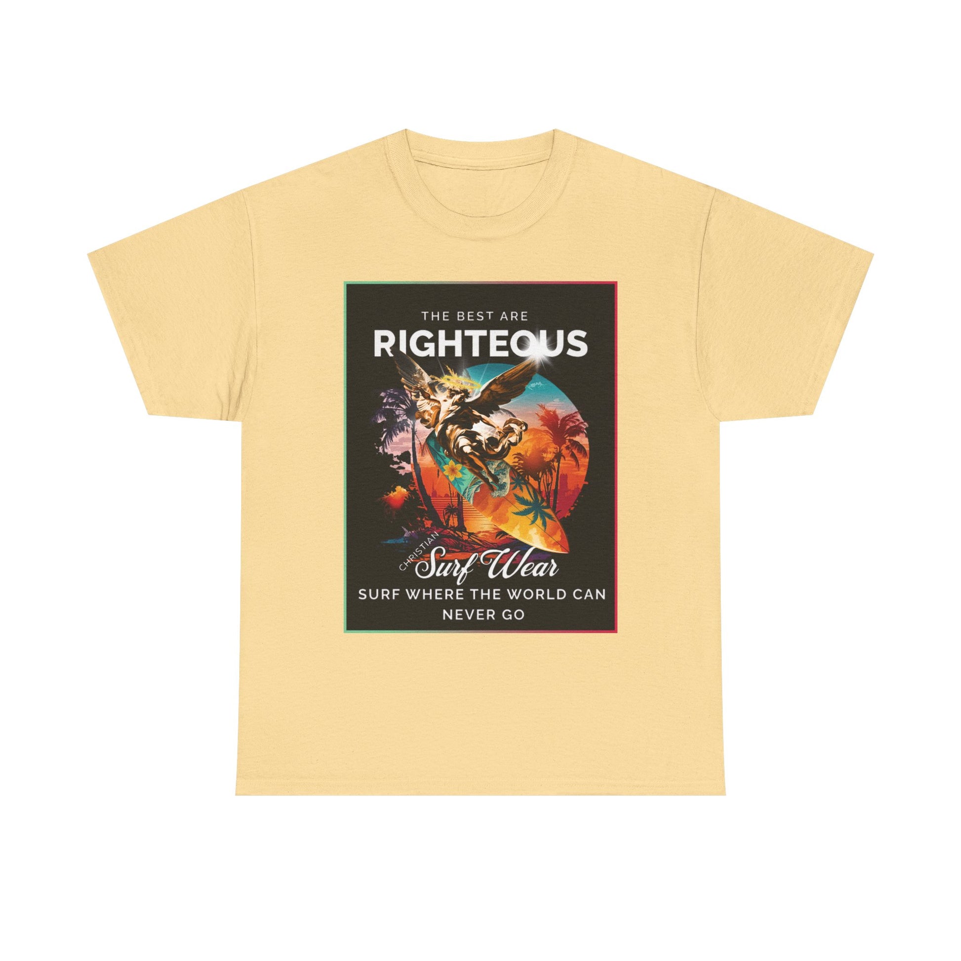 Angle at Work Surf Wear Vintage Beach Graphic - Angle riding a Surfboard Graphic Surfing Righteous Unisex Heavy Cotton Tee, Beachwear, Christian T-Shirt, Summer Fashion, Casual Style, Gift for Surfers