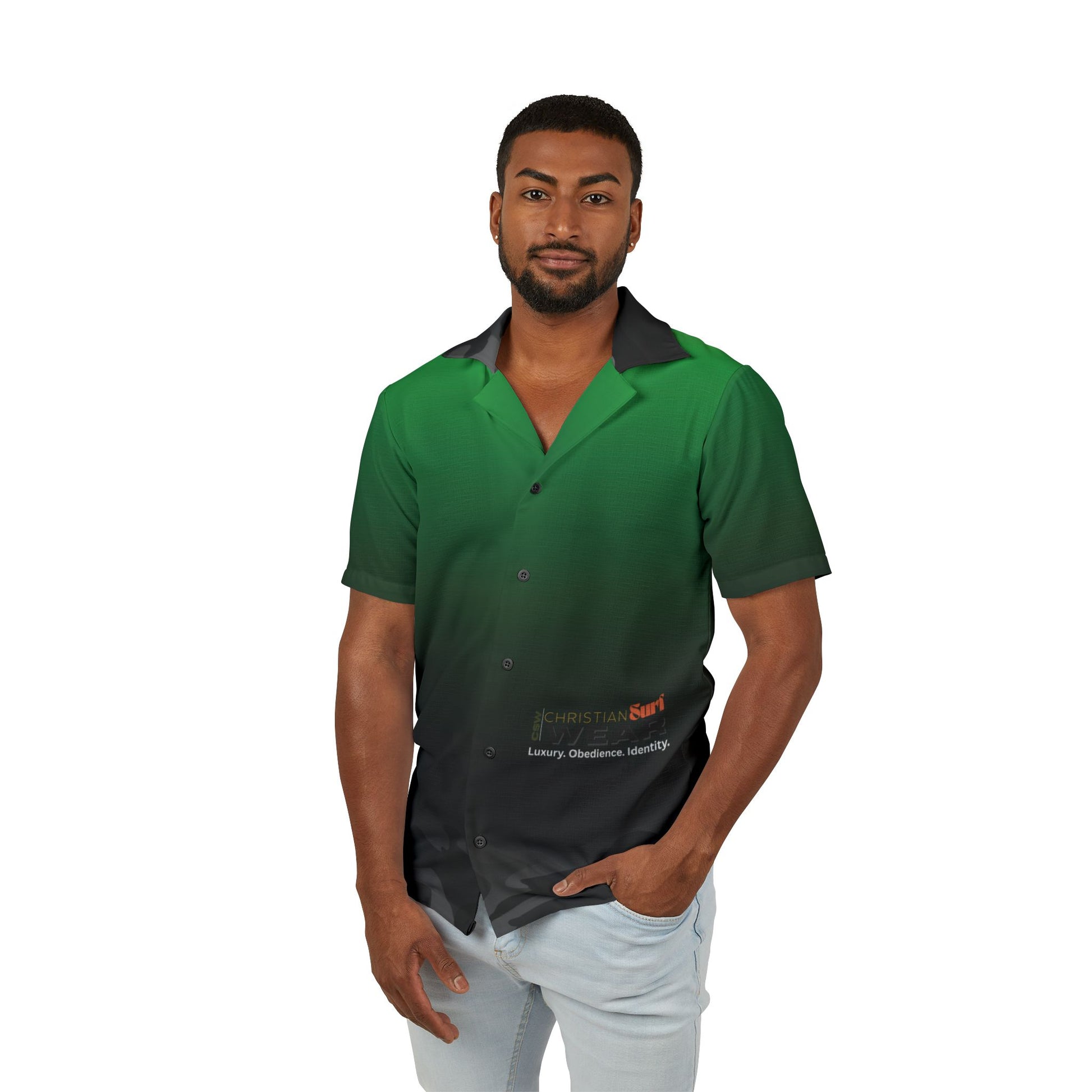 Christian Surf Wear Camp Shirt - CSW Signature Military Green and Black Camo with Surfboard Crest Embroidery