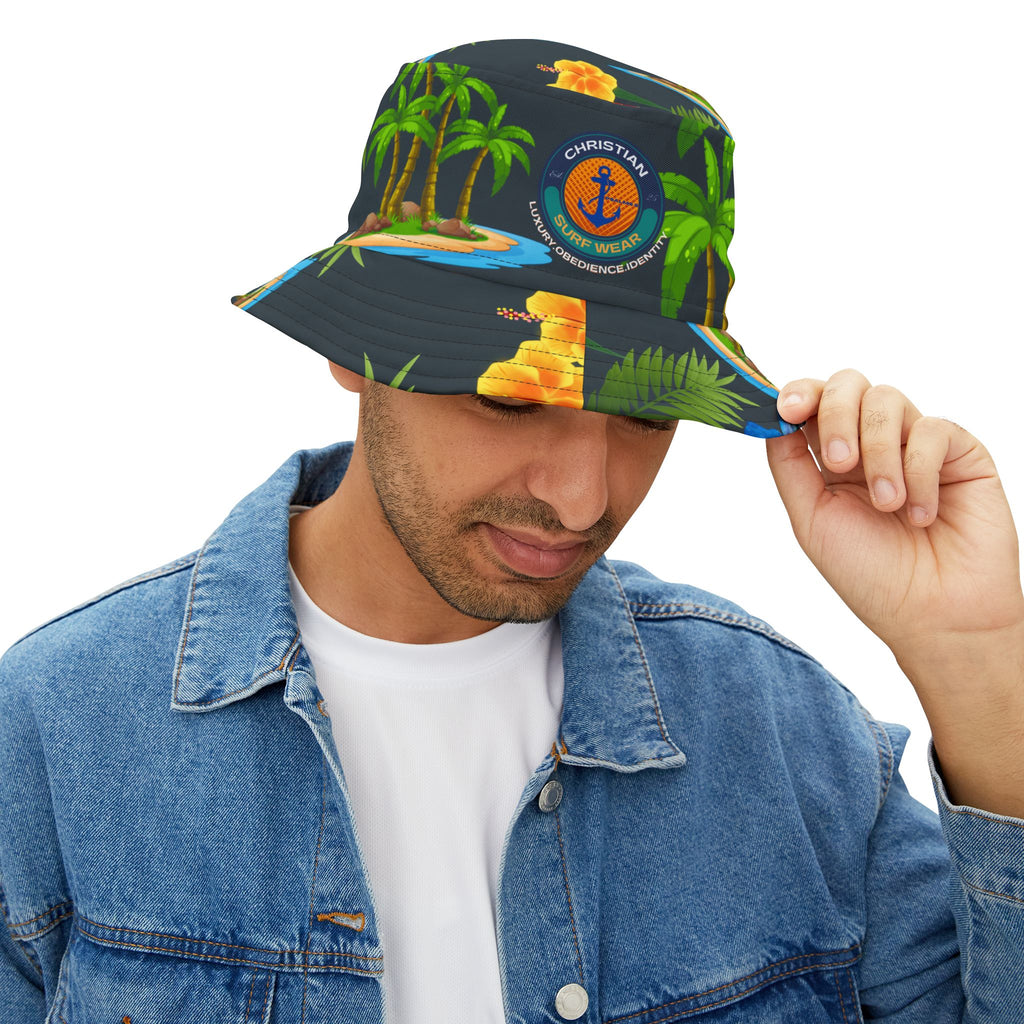 Anchor & Horizon Blue Tropical Nautical Bucket Hat – By Christian Surf Wear | Vibrant AOP Floral Vacation Hat, Beachwear & Travel Accessory