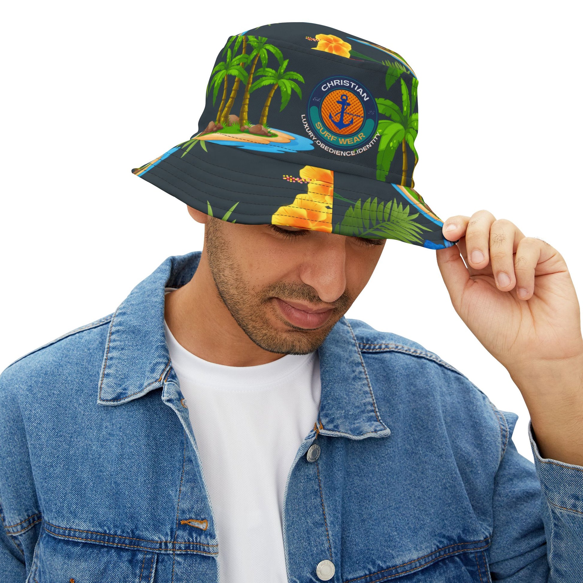 Anchor & Horizon Blue Tropical Nautical Bucket Hat – By Christian Surf Wear | Vibrant AOP Floral Vacation Hat, Beachwear & Travel Accessory
