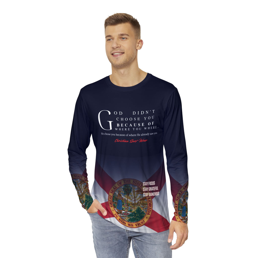 Inspirational Florida Long Sleeve Shirt, AOP Men's Shirt, Perfect for Gift Giving, Outdoor Adventures, Summer Celebrations, Floridian Pride