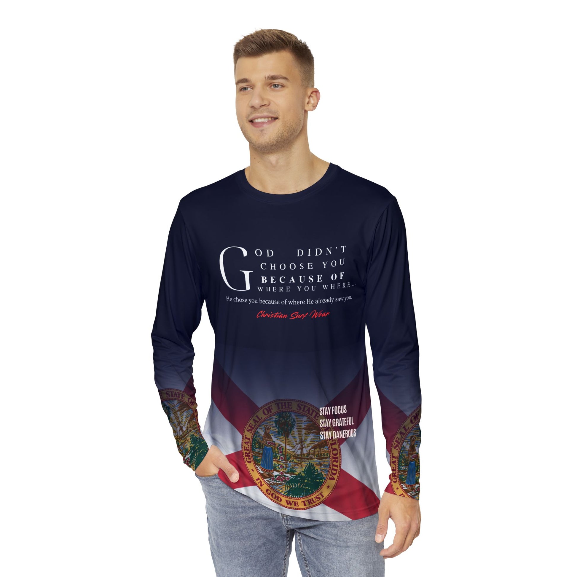 Inspirational Florida Long Sleeve Shirt, AOP Men's Shirt, Perfect for Gift Giving, Outdoor Adventures, Summer Celebrations, Floridian Pride
