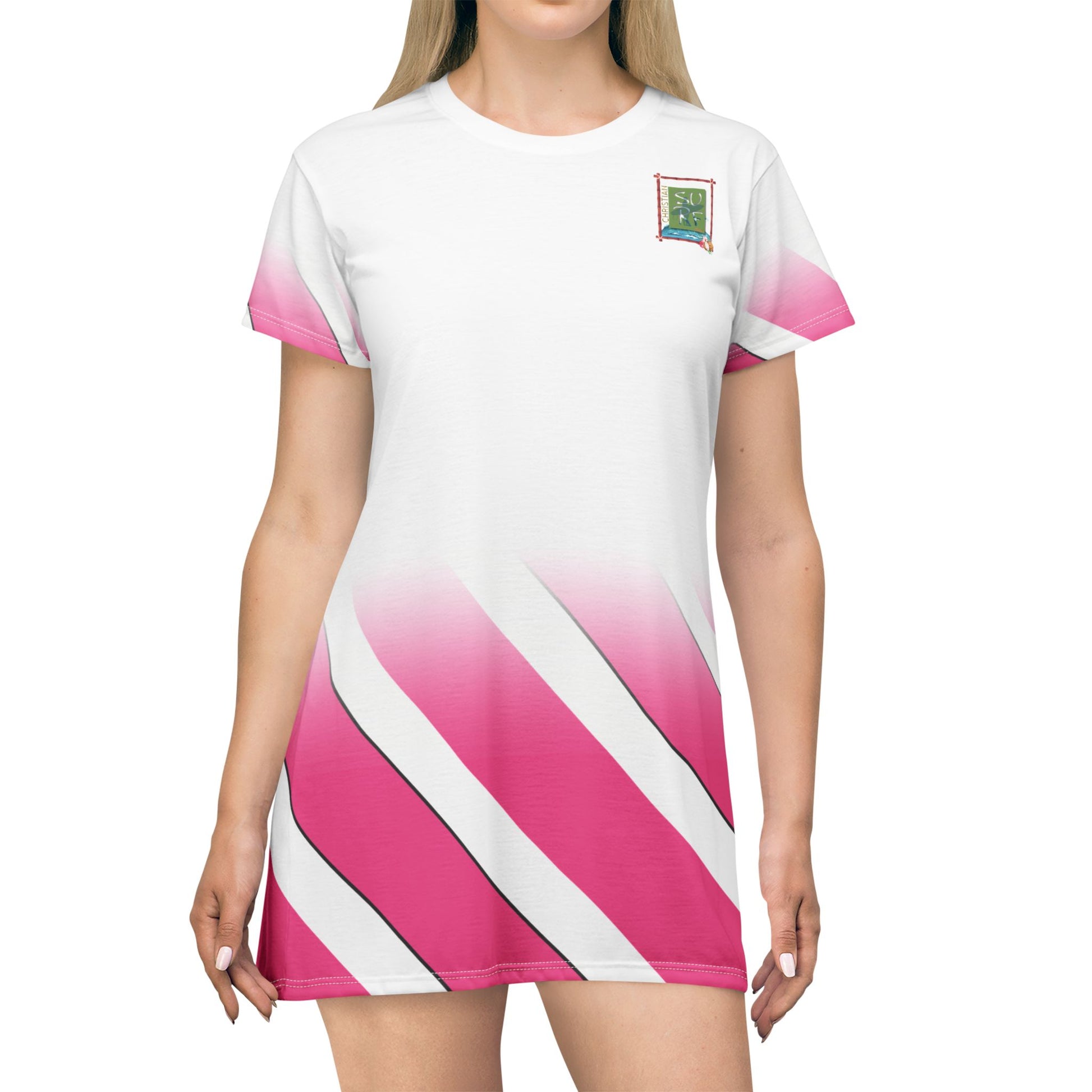 Christian Surf Wear Gradient Pink ,White ,and Black Chic T-Shirt Dress, Stylish Casual Dress, Summer Outfit, Trendy Day Dress, Comfortable Everyday Wear, Gift for Her