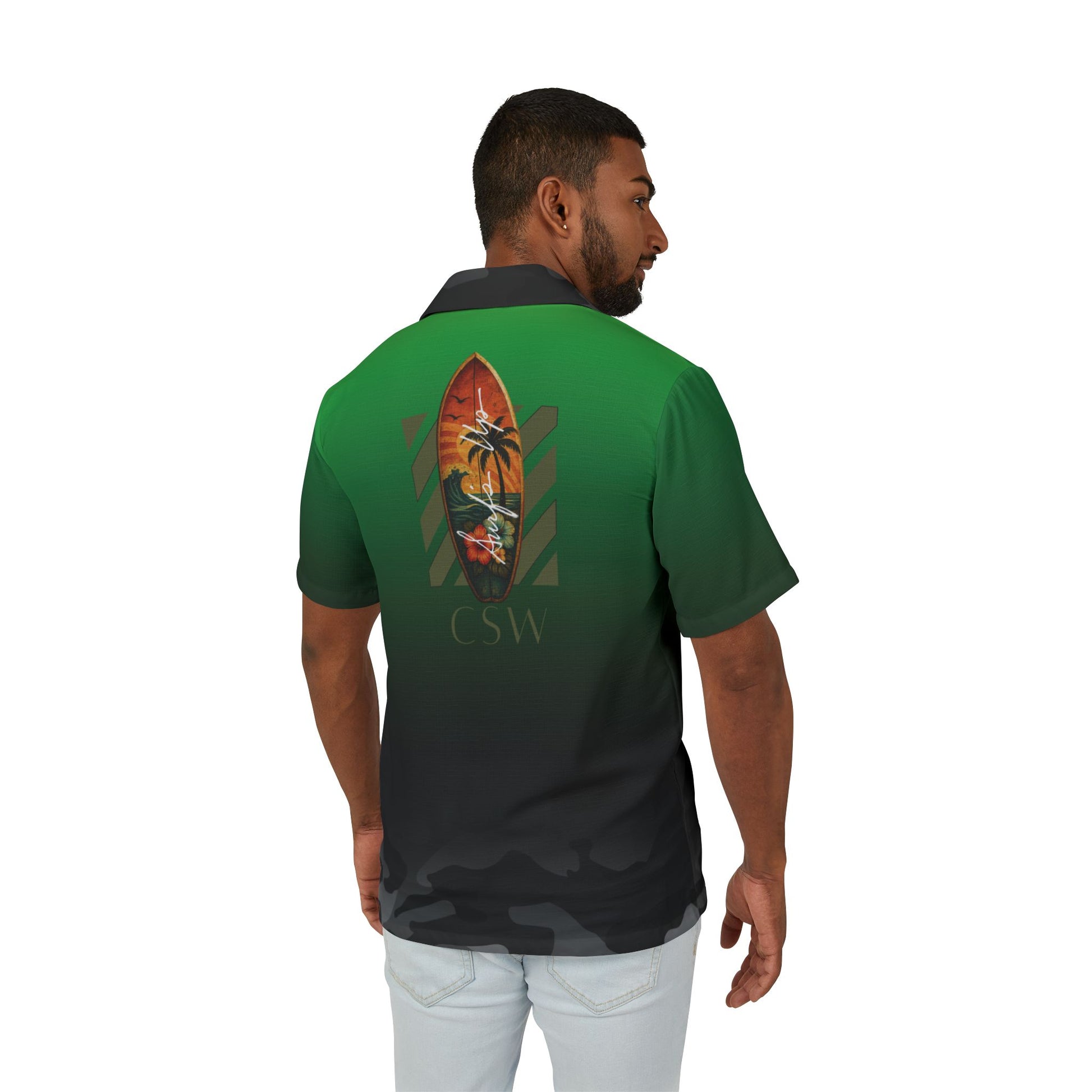Christian Surf Wear Camp Shirt - CSW Signature Military Green and Black Camo with Surfboard Crest Embroidery