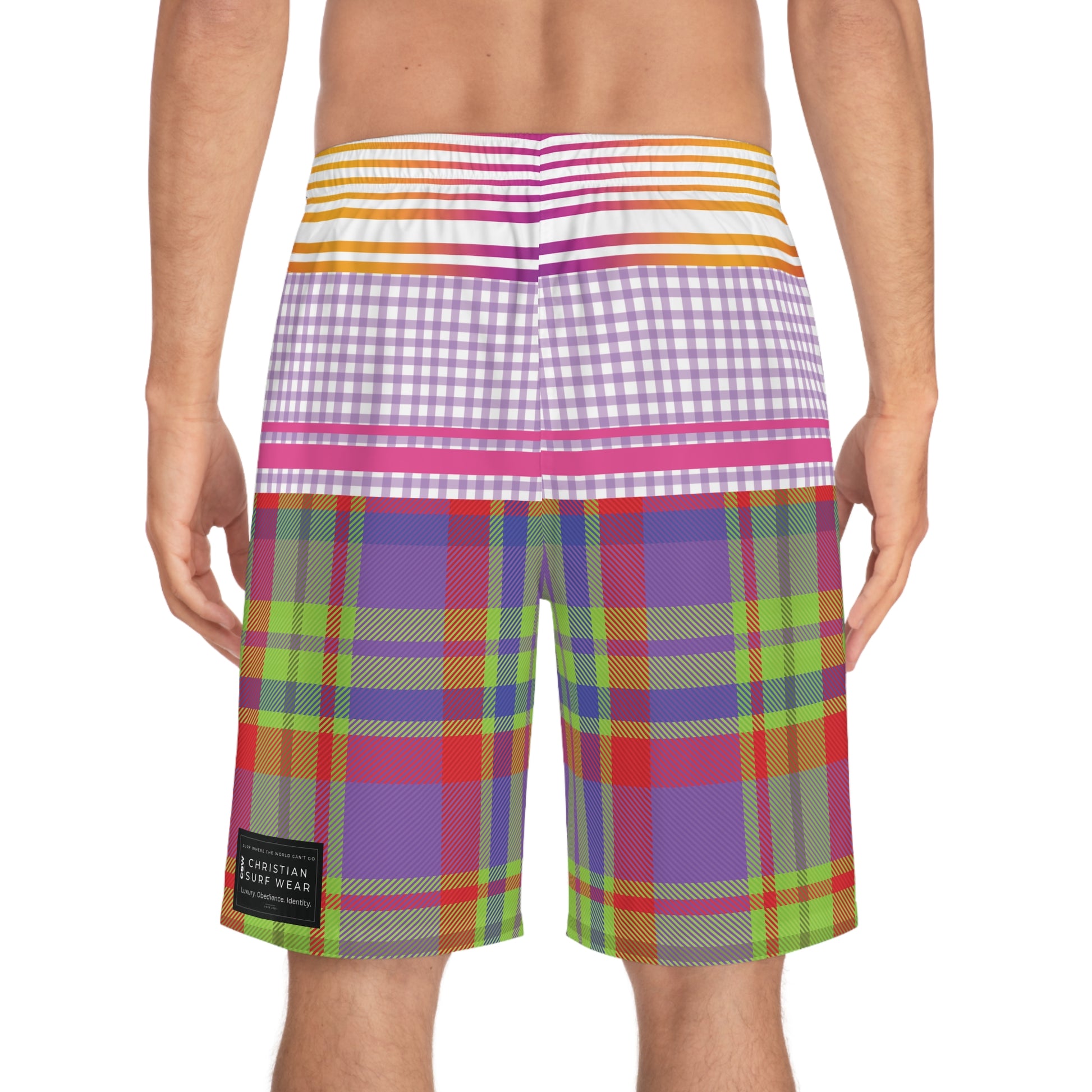 Christian Surf Wear Retro Vibrant Men's Board Shorts - Colorful Plaid Swimwear for Summer Fun, Beach Party, Vacation, Pool Days, Relaxation