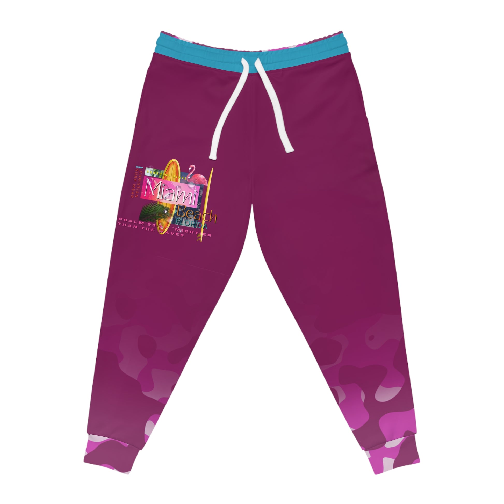 Christian Surf Wear Vintage Militant Vibrant Miami-Inspired Athletic Joggers, Trendy Activewear, Fitness Pants, Surf Style Bottoms, Casual Joggers, Comfortable Lounge Wear